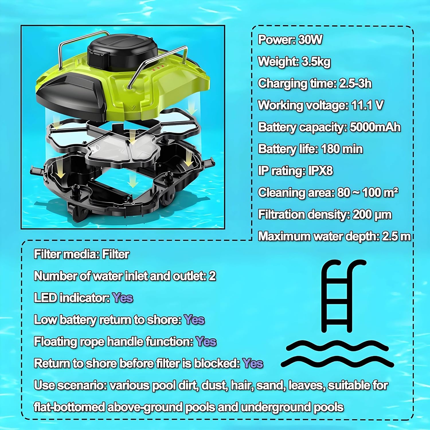 Pool Cleaning Machine, Fully Automatic Pool Cleaner Robot, Cordless Robotic Pool Vacuum Cleaner, Efficient Cleaning, Automatic Return, Automatically Dock, for Above Ground and In-Ground Pools