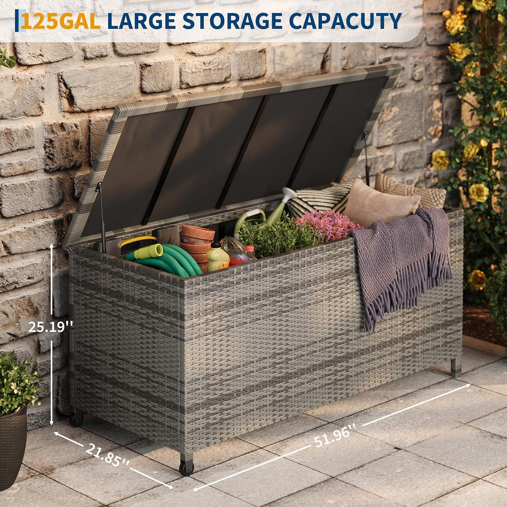 125 Gallon Large Deck Box Waterproof PE Rattan Outdoor Storage Box with Handles and Wheels, Storage Bin for Garden, Balcony, Porch, Pool, Yard