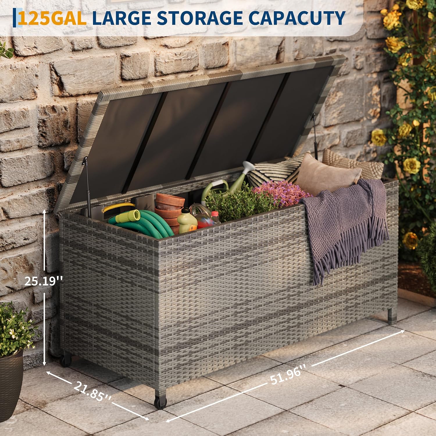 125 Gallon Large Deck Box Waterproof PE Rattan Outdoor Storage Box with Handles and Wheels, Storage Bin for Garden, Balcony, Porch, Pool, Yard