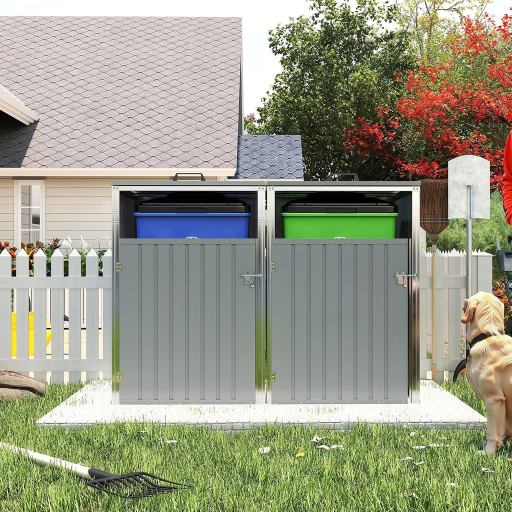 Outdoor Metal Garbage Bin Shed for 2 Trash Cans, Waterproof Galvanized Steel Double Trash Can Storage Shed with Hydraulic Lid, Lockable Door & Large Capacity for Garden Yard Patio, Light Gray