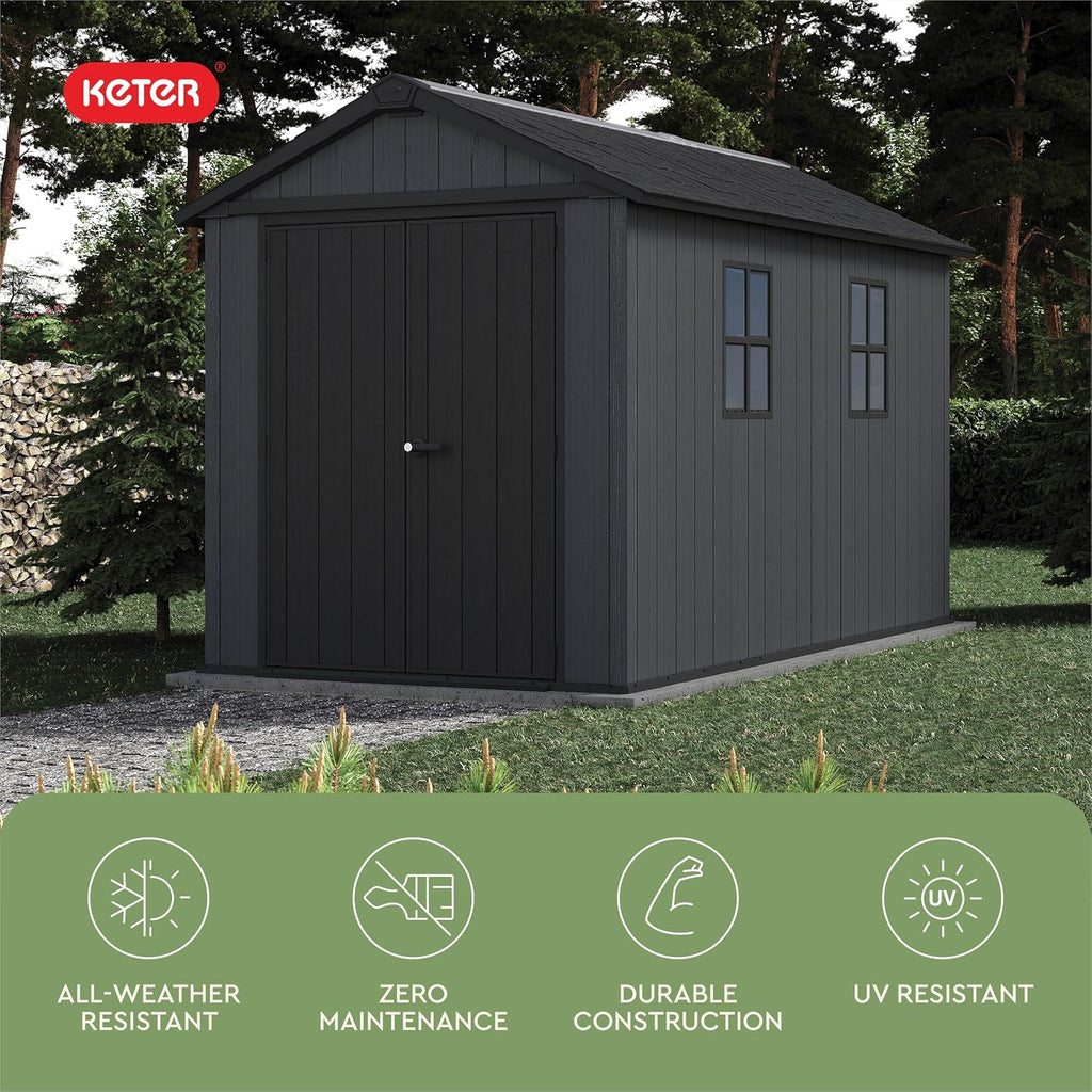 Keter Newton Plus 7.5x11 Ft All-Weather Storage Shed with Skylight, Window, Built-in Ventilation, Customizable Walls, & Lockable Double Doors, Graphite