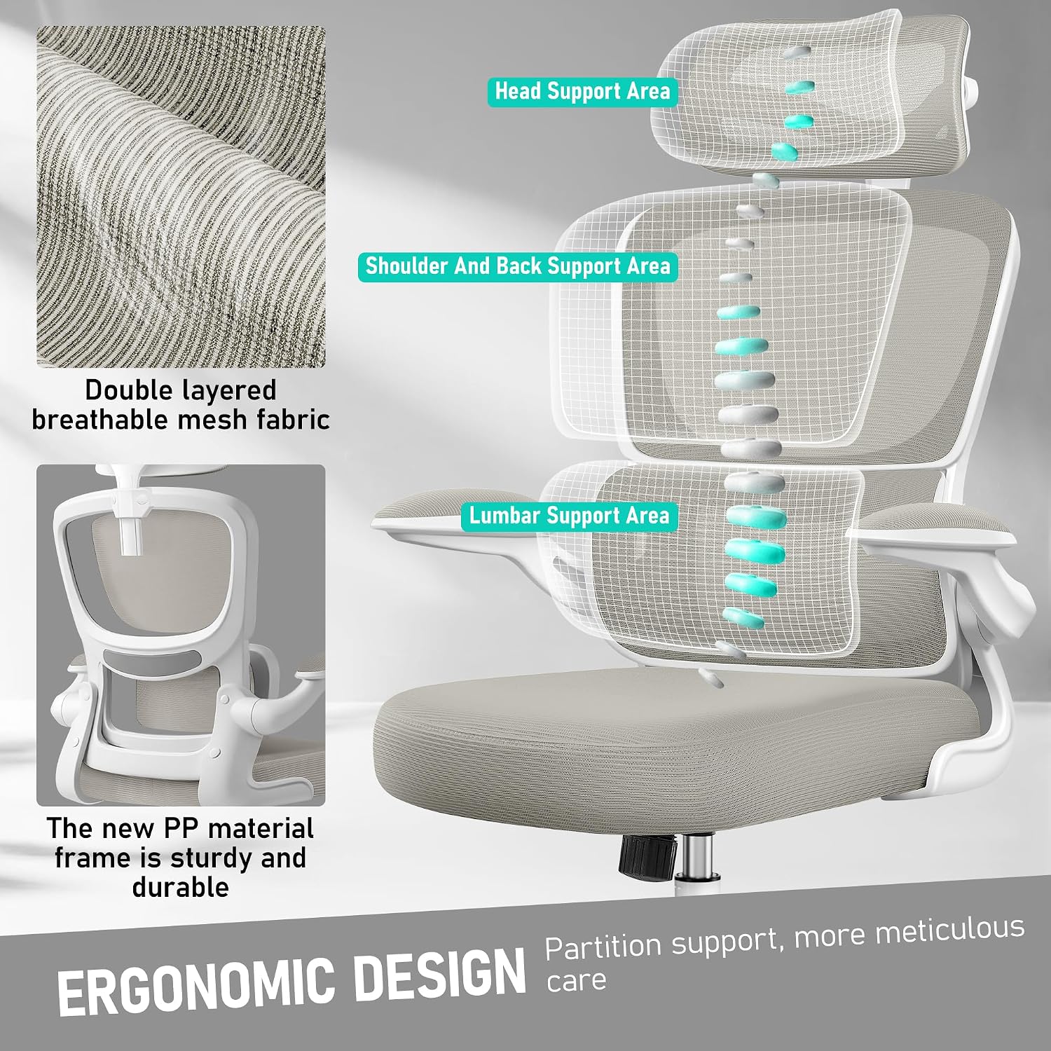 BESTFAIR High Back Ergonomic Office Chair, Breathable Mesh Desk Chair with Lumbar Support, Adjustable Headrest, Flip-up Armrests, Computer Gaming Chair, (LightGray)