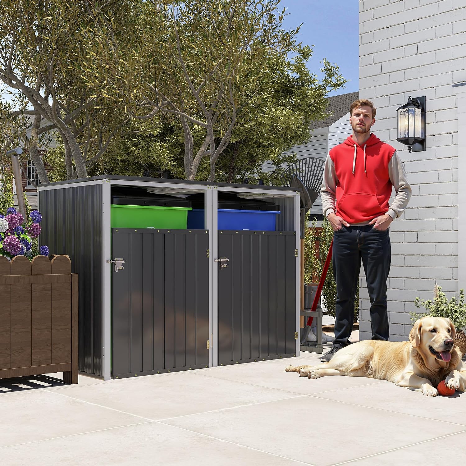 Garbage Bin Shed Stores 2 Trash Cans Metal Outdoor Bin Shed for Garbage Storage,54 Cubic feet of Space,Stainless Galvanized Steel, Bin Shed for Garden Yard Lawn,Grey