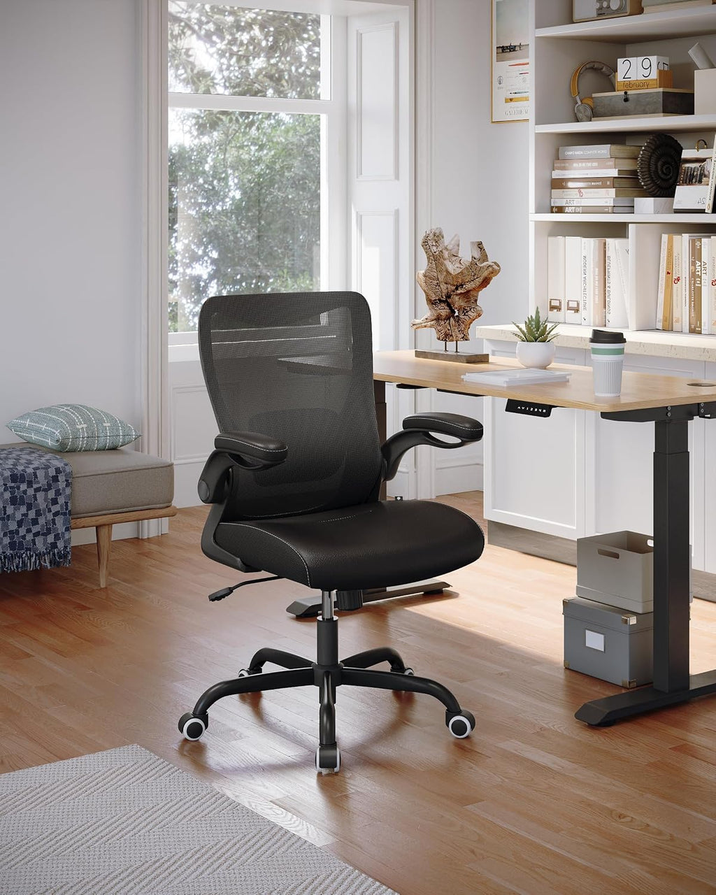 MUXX.STIL Office Chair, PU Leather Ergonomic Desk Chair with Adjustable Lumbar Support and Flip up Armrest, Breathable Mesh Computer Chair for Home Office, Black