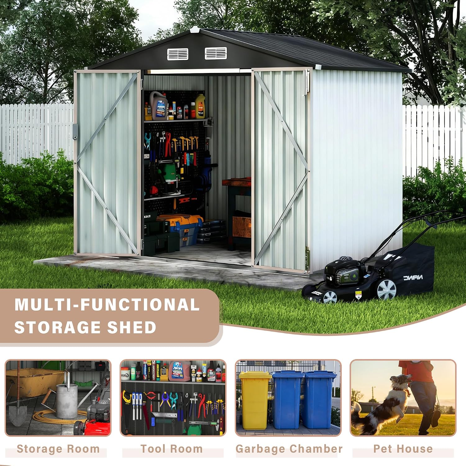 GarveeLife 6x8x6.4 Ft Outdoor Storage Sheds, Metal Garden Tool Shed for Backyard, Large Metal Sheds Outdoor Storage with Lockable Doors & Air Vents for Backyard Garden Patio Lawn