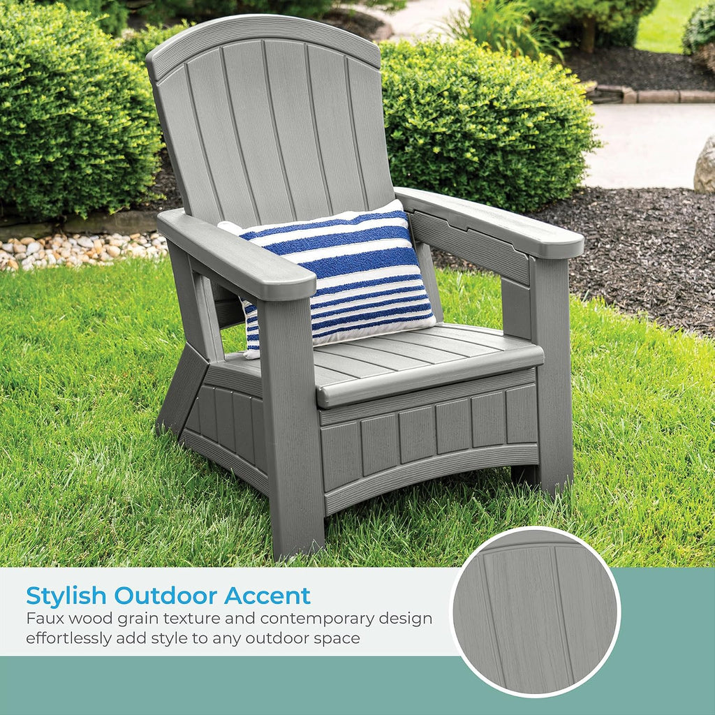Suncast Outdoor Patio Adirondack Chair with 8 Gallons of Under-Seat Storage, Stylish Faux Wood Outdoor Storage Chair, Dove Gra
