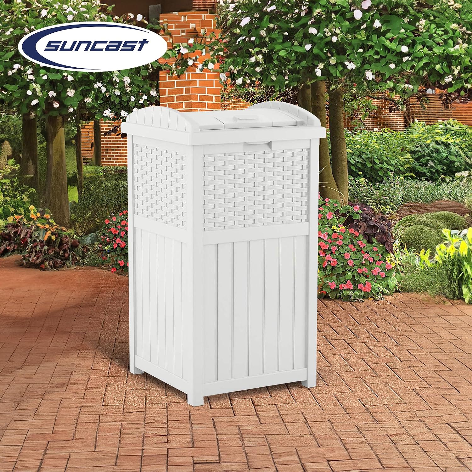 Suncast Wicker Plastic Outdoor Hideaway 33 Gallon Trash Can Bin with Latching Lid for Backyard, Deck, or Patio Use, White (2 Pack)