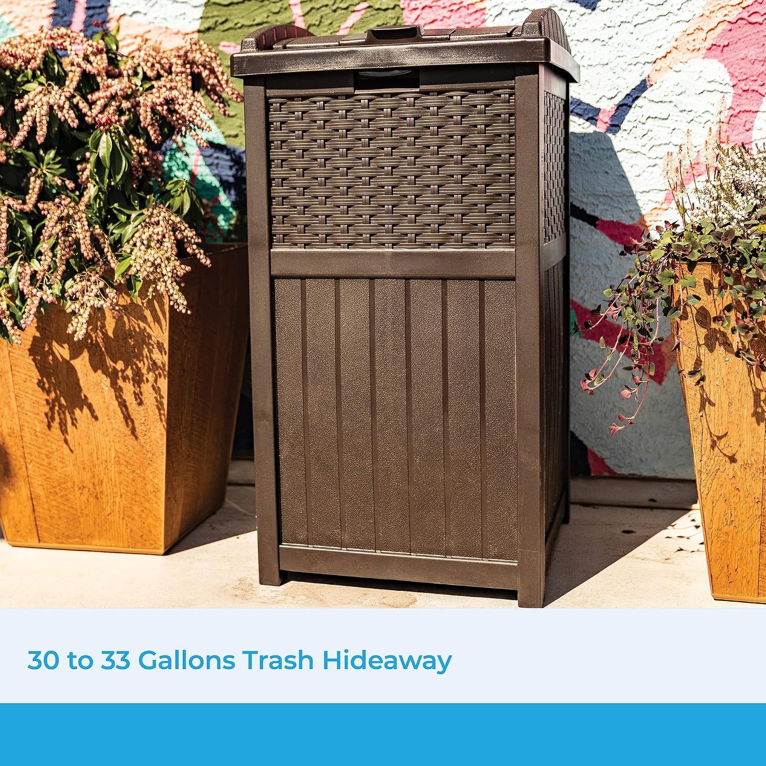 Suncast 30 Gallon Resin Outdoor Hideaway Patio Trash Can and Base Storage Cabinet Bundle