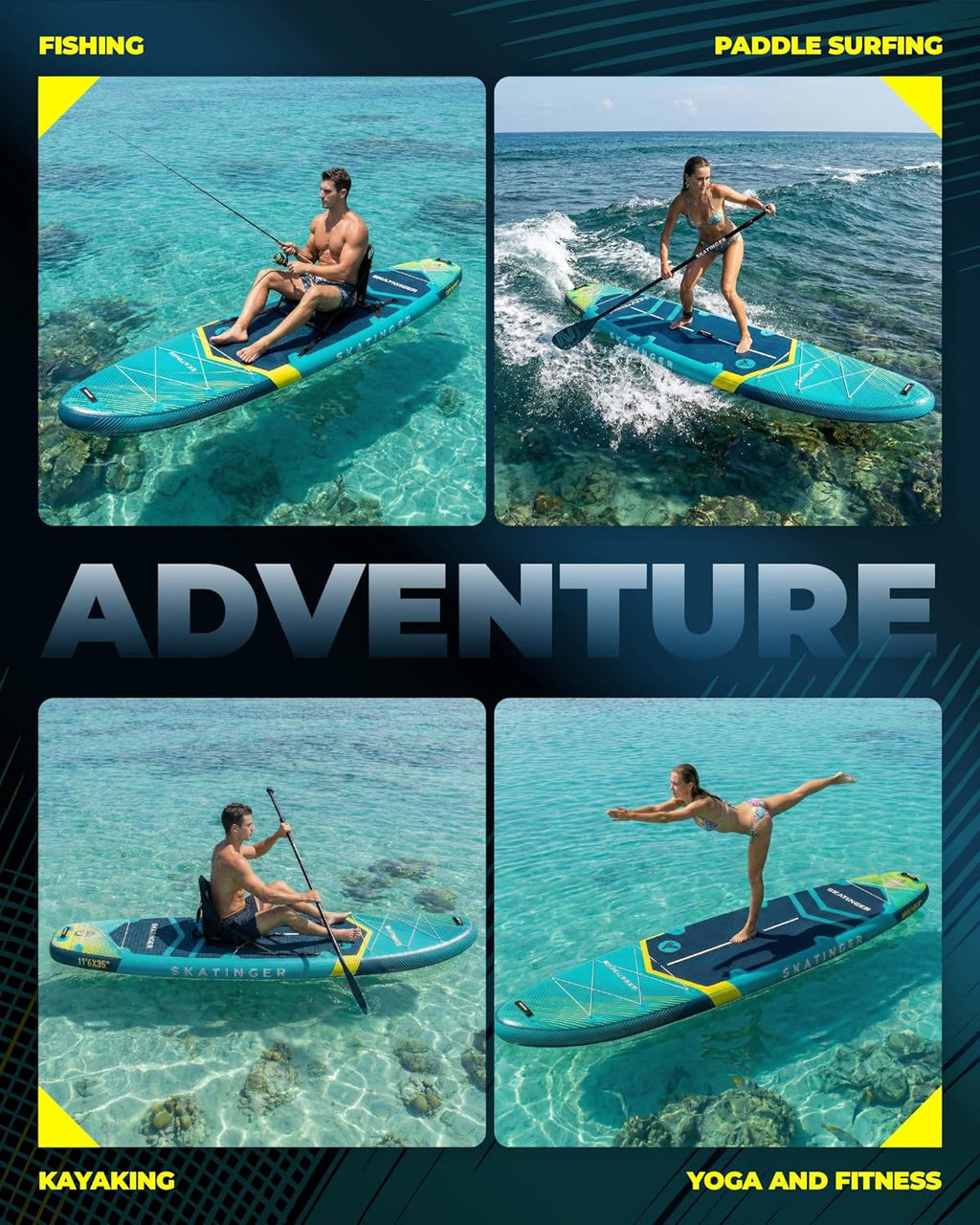 Skatinger 11'6×35' Super Wide Inflatable Paddle Board, Ultra Stable Stand Up Paddleboards for 450lb/3 People/Family/Big Size w/Shoulder Strap, 100L Backpack, Ultra-Light All-Round Sup Board