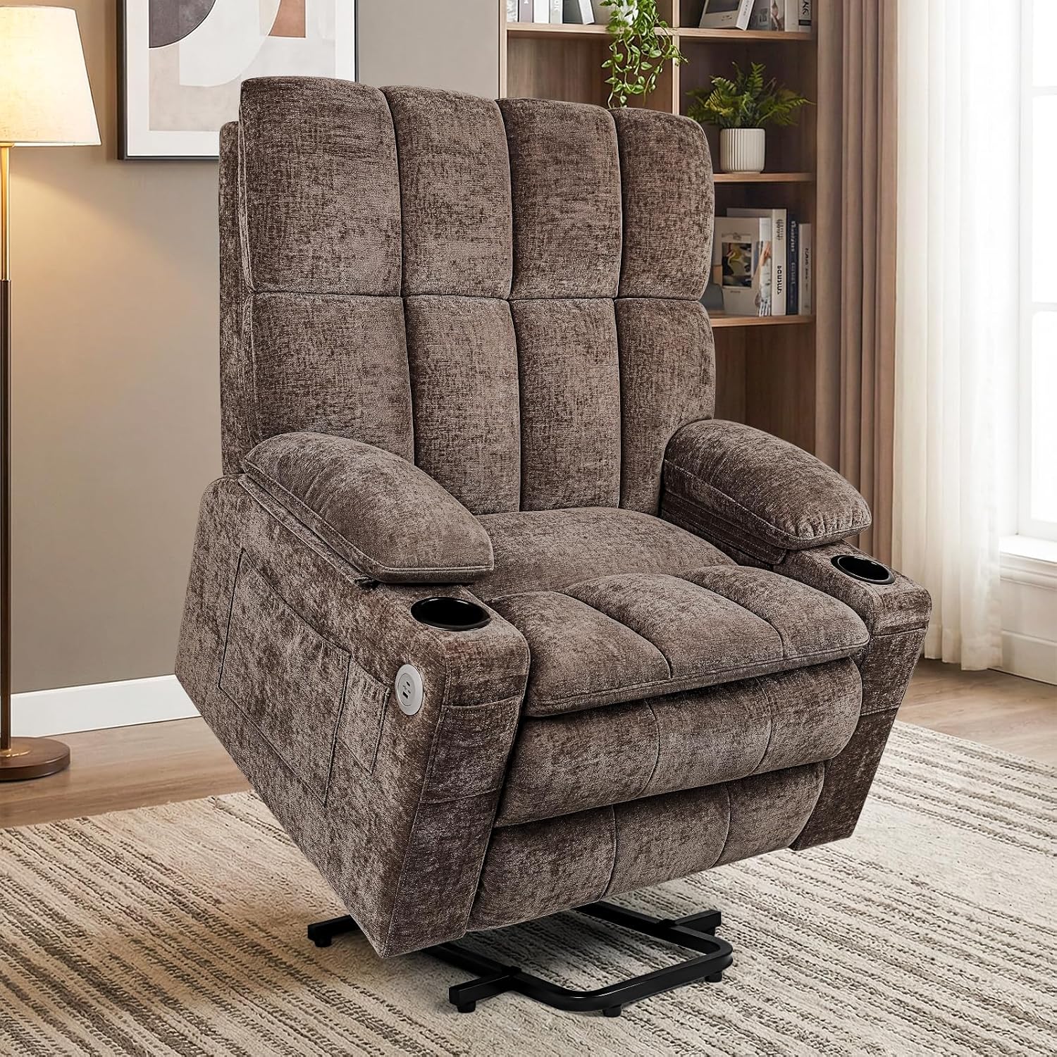 Oversized Power Recliner Chair with 26' Wide Seat for Big and Tall, 20,000+ Rubs Durable Chenille Fabric, USB & Type-C Charging, Dual Remotes, Brown
