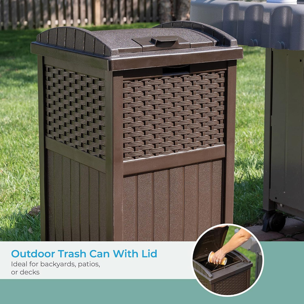 Suncast 30 Gallon Resin Outdoor Hideaway Patio Trash Can and Base Storage Cabinet Bundle