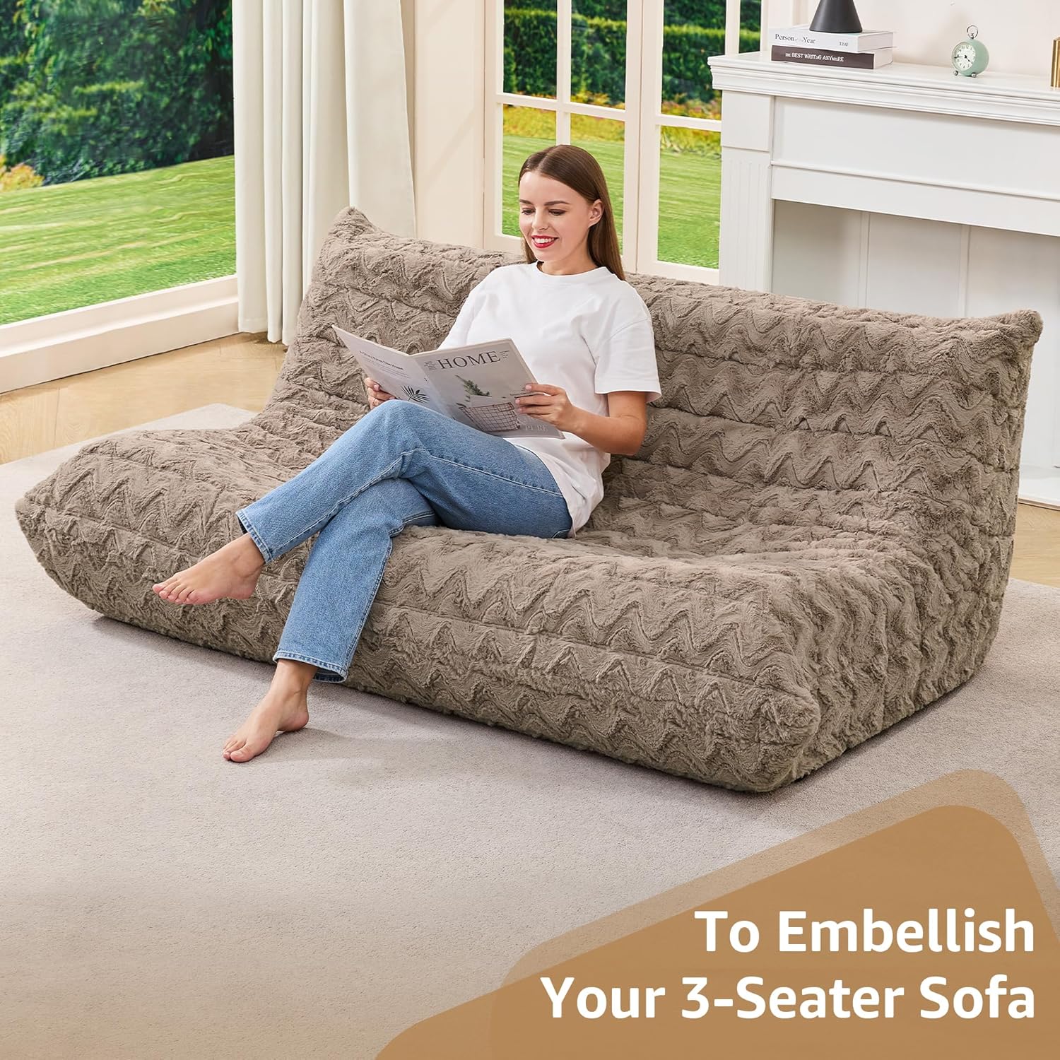 Bean Bag Chairs for Adults Giant Bean Bag Chair Memory Foam BeanBag Chair Bean Bag Sofa with Filler Faux Fur Fireside Beanbags Lazy Sofa for Living Room Bedroom Office (Brown Chevron, 3-Seater)