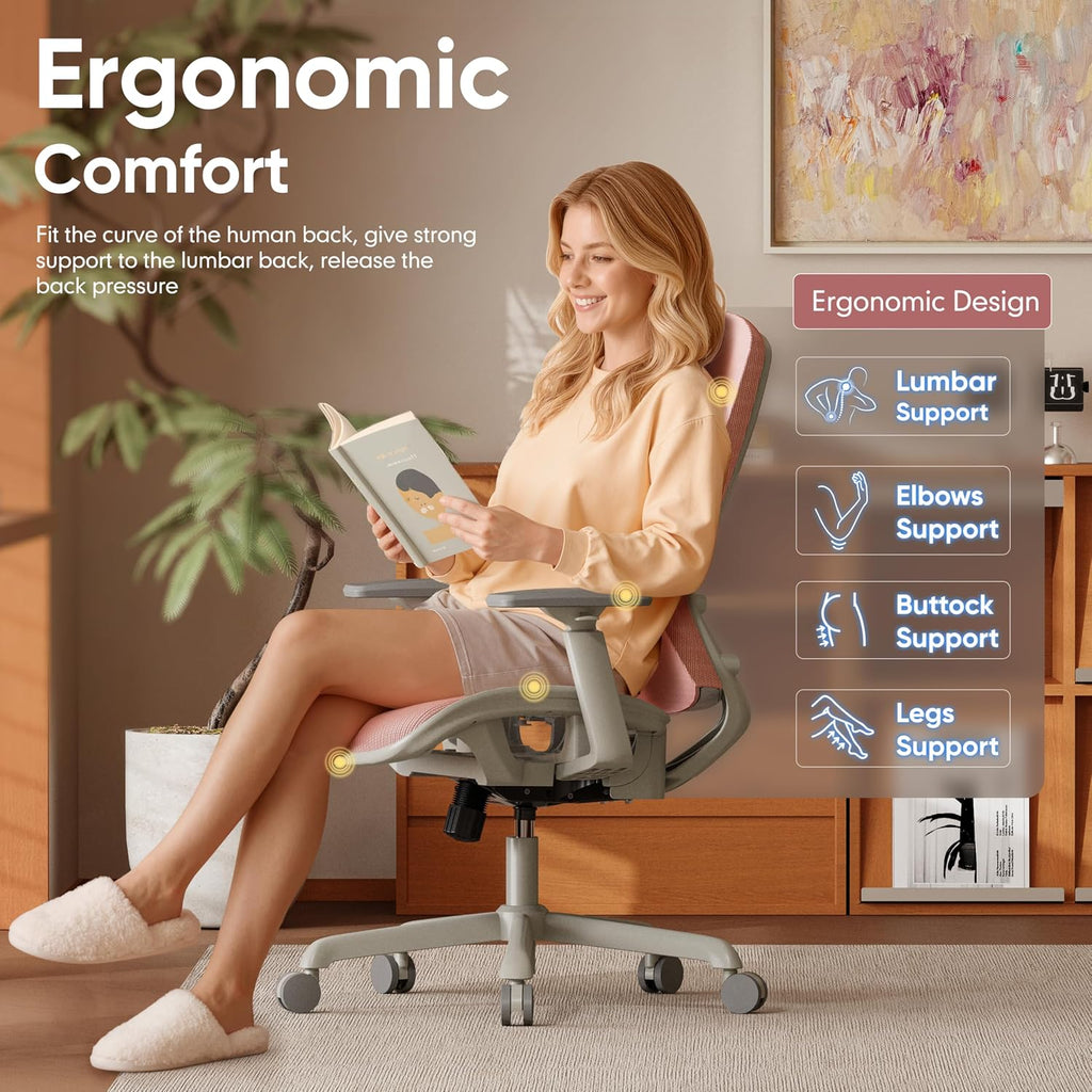 ELABEST Mesh Office Chair,Ergonomic Computer Desk Chair,Sturdy Task Chair- Adjustable Lumbar Support & Armrests,Tilt Function,Comfort Wide Seat,Swivel Home Office Chair (Pink)