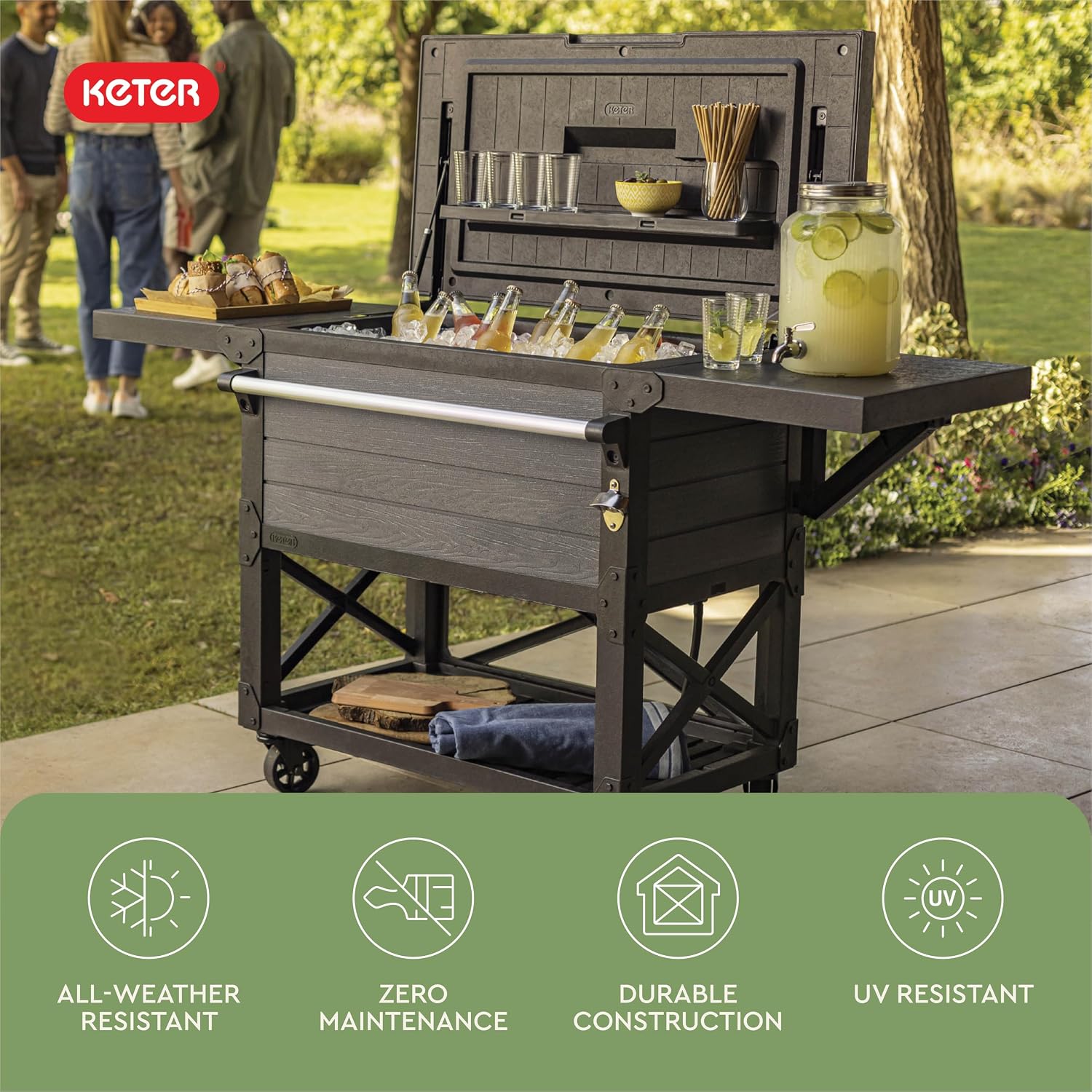 Keter 89.8 Qt Portable Outdoor Patio Cooling Chest, Ice Chest Beverage Party Bar Cart Table with Swivel Wheels, Shelves, and Bottle Opener, Graphite