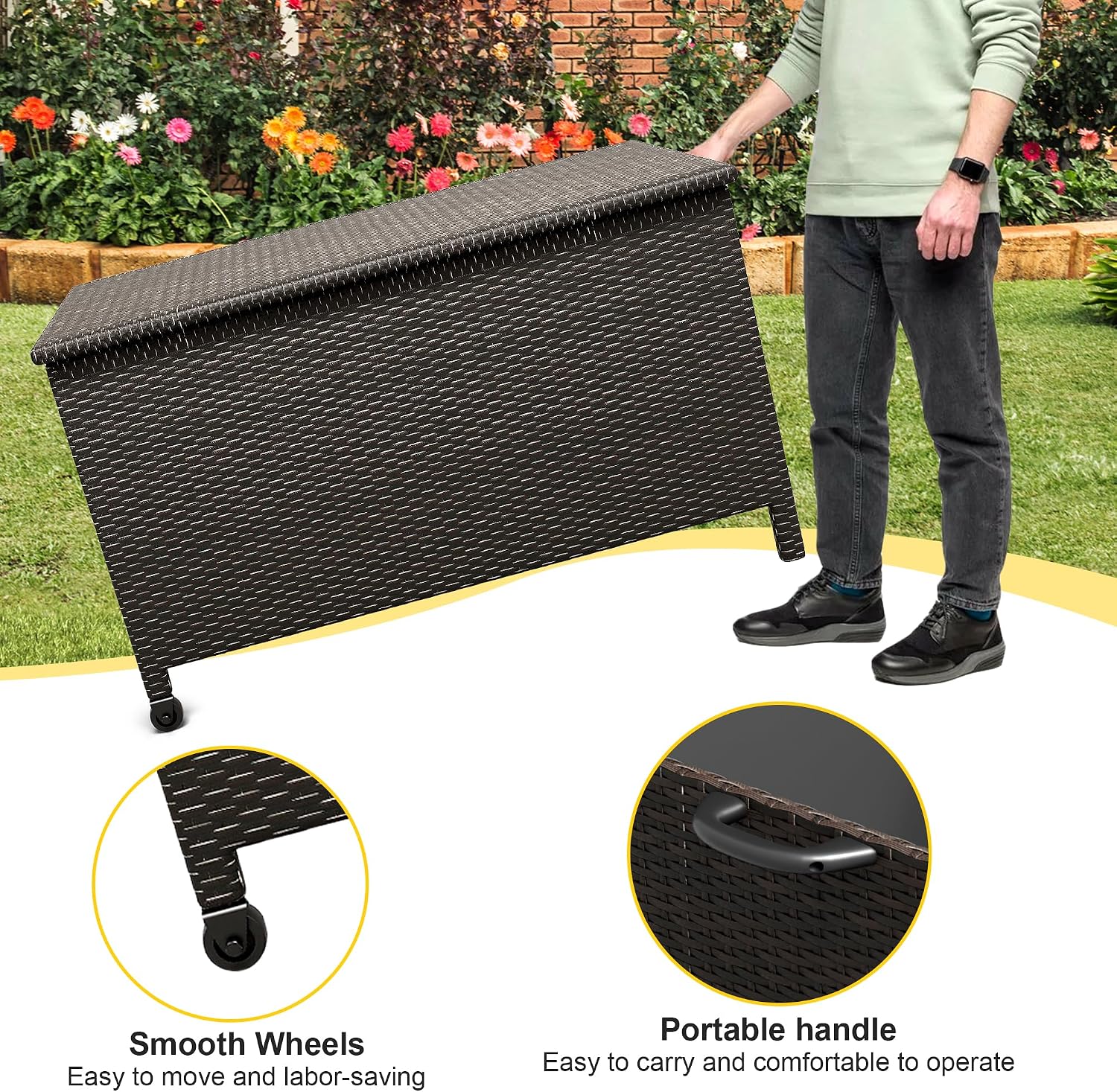 125 Gallon Outdoor Storage Box with Wheels - Large Wicker Rattan Deck Box for Patio Cushions, Garden Tools, Pool Floats & Pillows, All-Weather Patio Furniture Storage, Brown