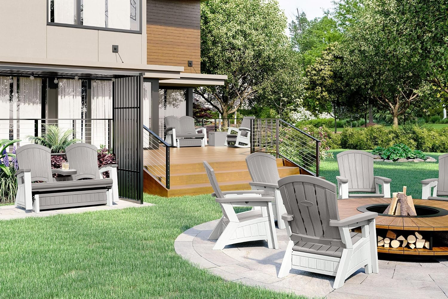 Suncast Outdoor Patio Rocking Chair with Under-Seat Storage, Stylish Faux Wood Outdoor Rocker for Patios, Dove Gray and Ice Cube, Made in The USA