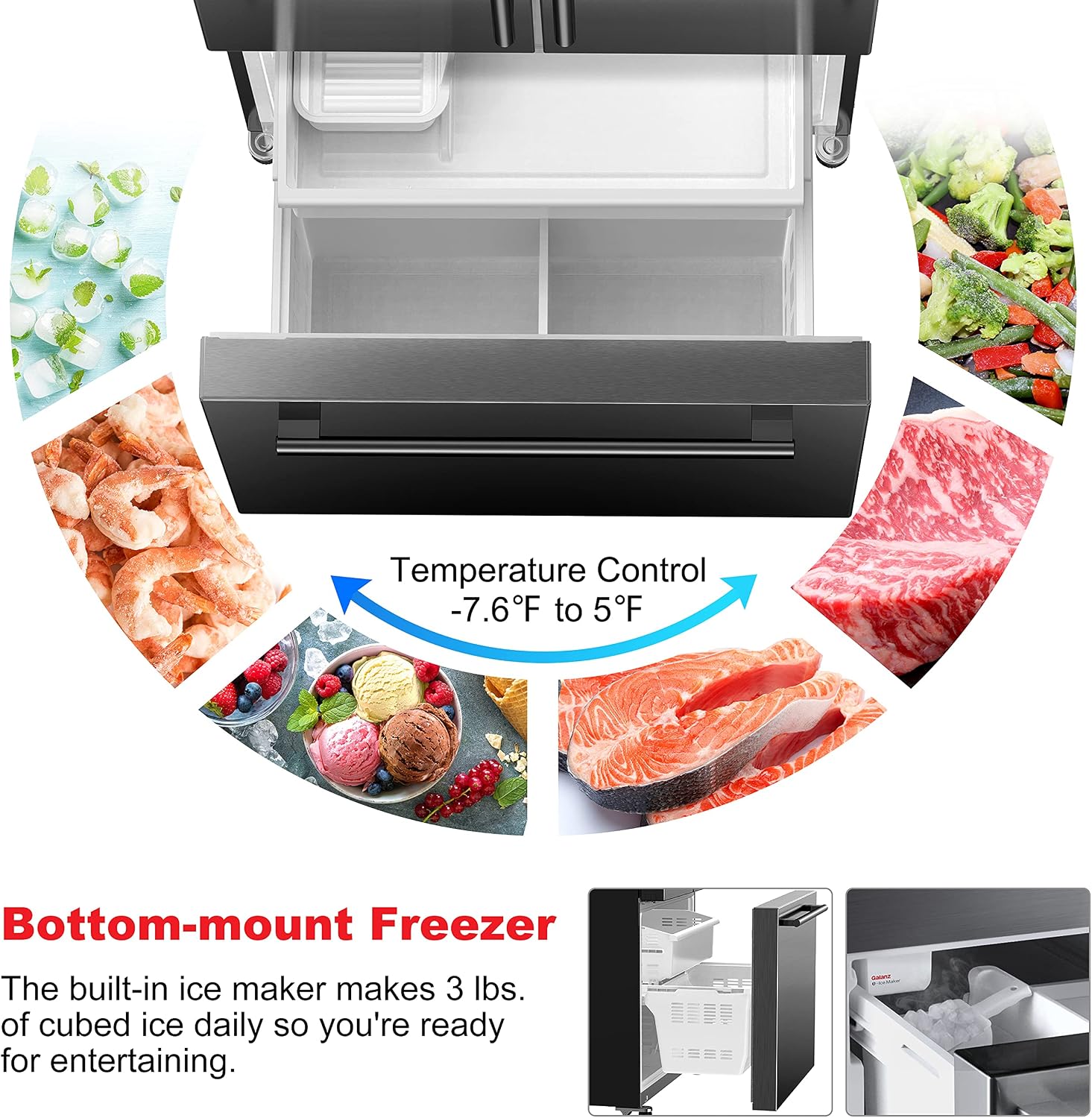 Galanz French Door Refrigerator with Installed Ice Maker and Bottom Freezer, Adjustable Electrical Thermostat Control, Frost Free, Energy Star Certified, Stainless Steel, 18 Cu Ft