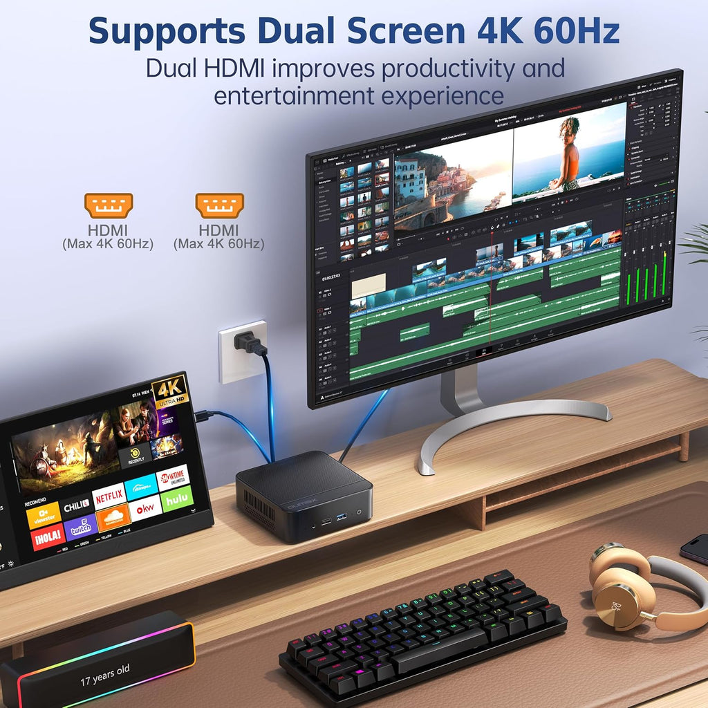 Mini PC,Twin Lake N150(Turbo 3.6Hz) 16GB DDR4 500GB M.2 SSD Dual LAN, Desktop Mini Computer 4K Dual HDMI Display, Wifi5, BT5.0, Built-in 45W Power Supply