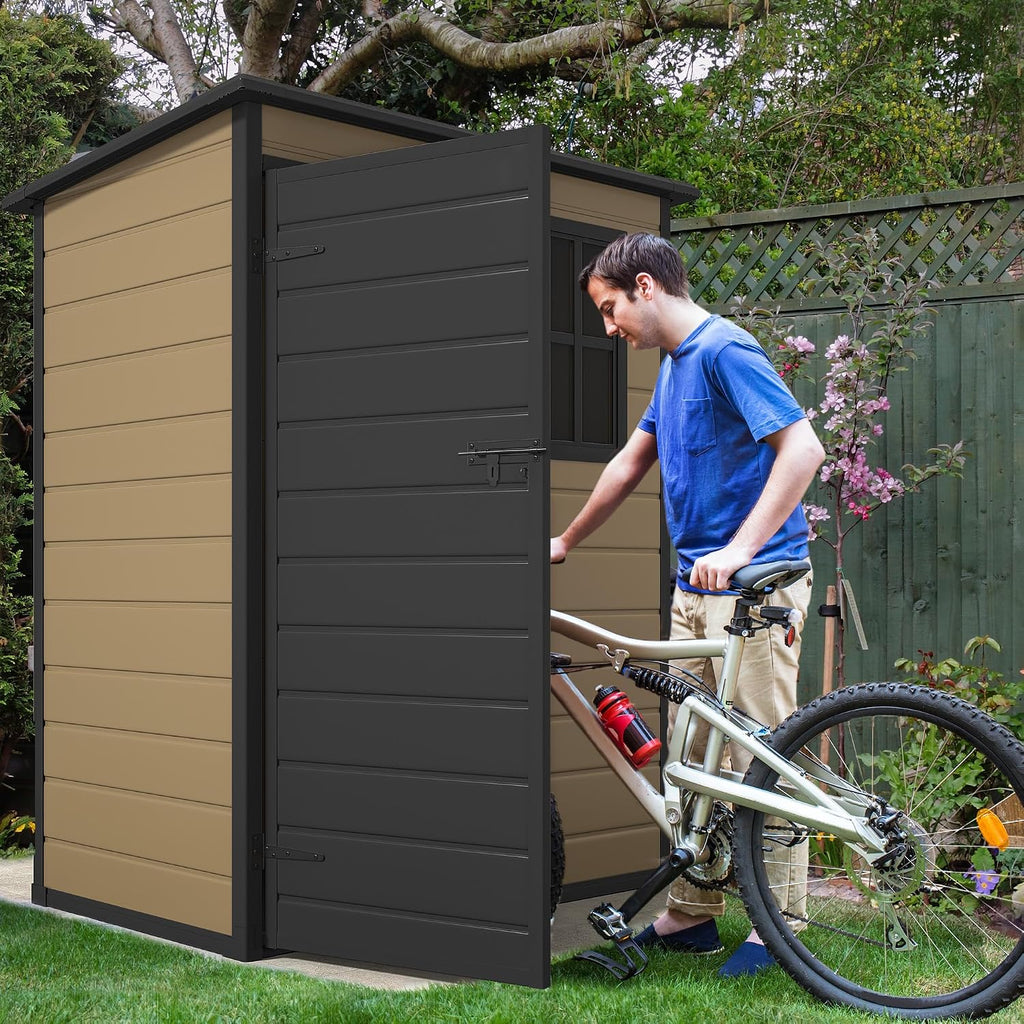 DWVO 5x3ft Resin Outdoor Storage Shed with Floor, Waterproof Lockable Storage Shed with Window, Plastic Outside Tool Storage for Garden, Backyard, Patio, Lawn, Brown
