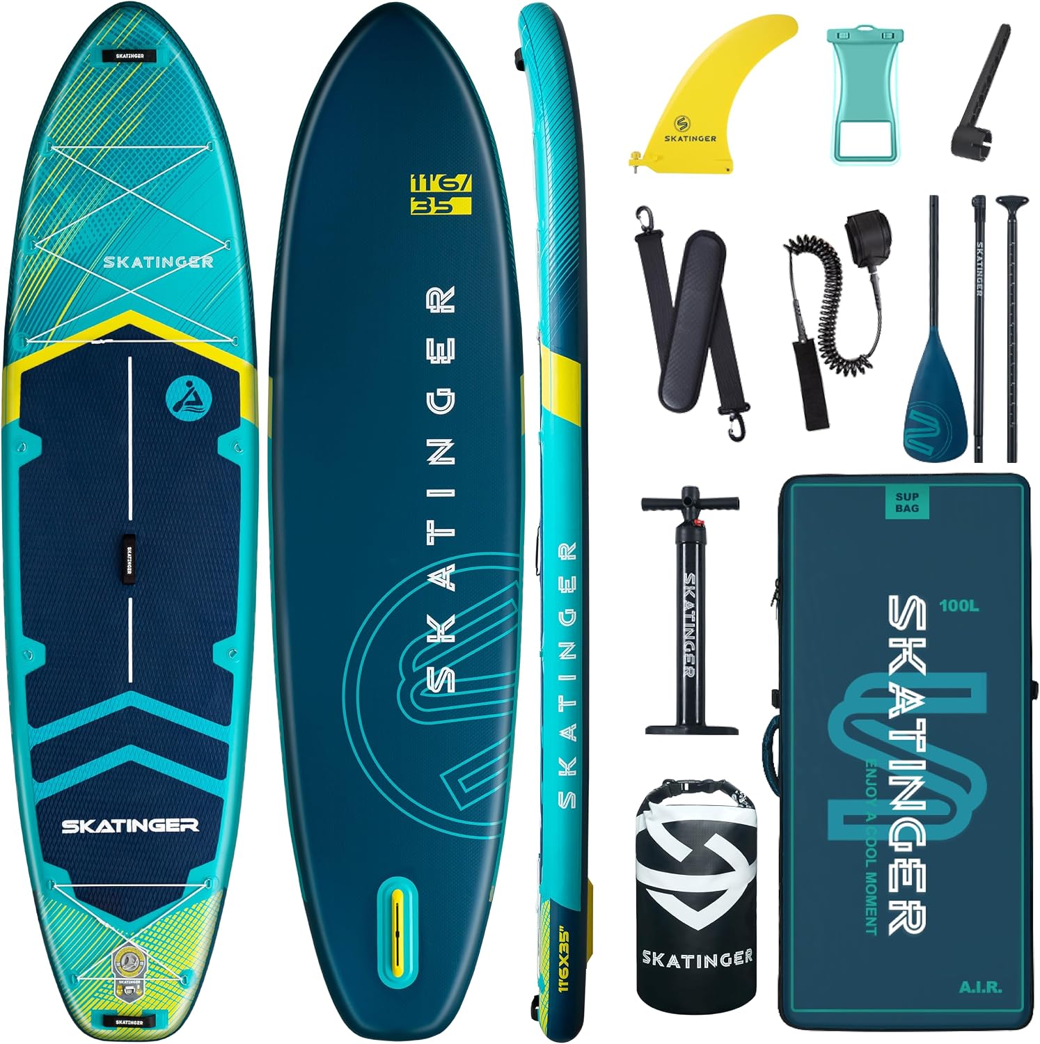Skatinger 11'6×35' Super Wide Inflatable Paddle Board, Ultra Stable Stand Up Paddleboards for 450lb/3 People/Family/Big Size w/Shoulder Strap, 100L Backpack, Ultra-Light All-Round Sup Board