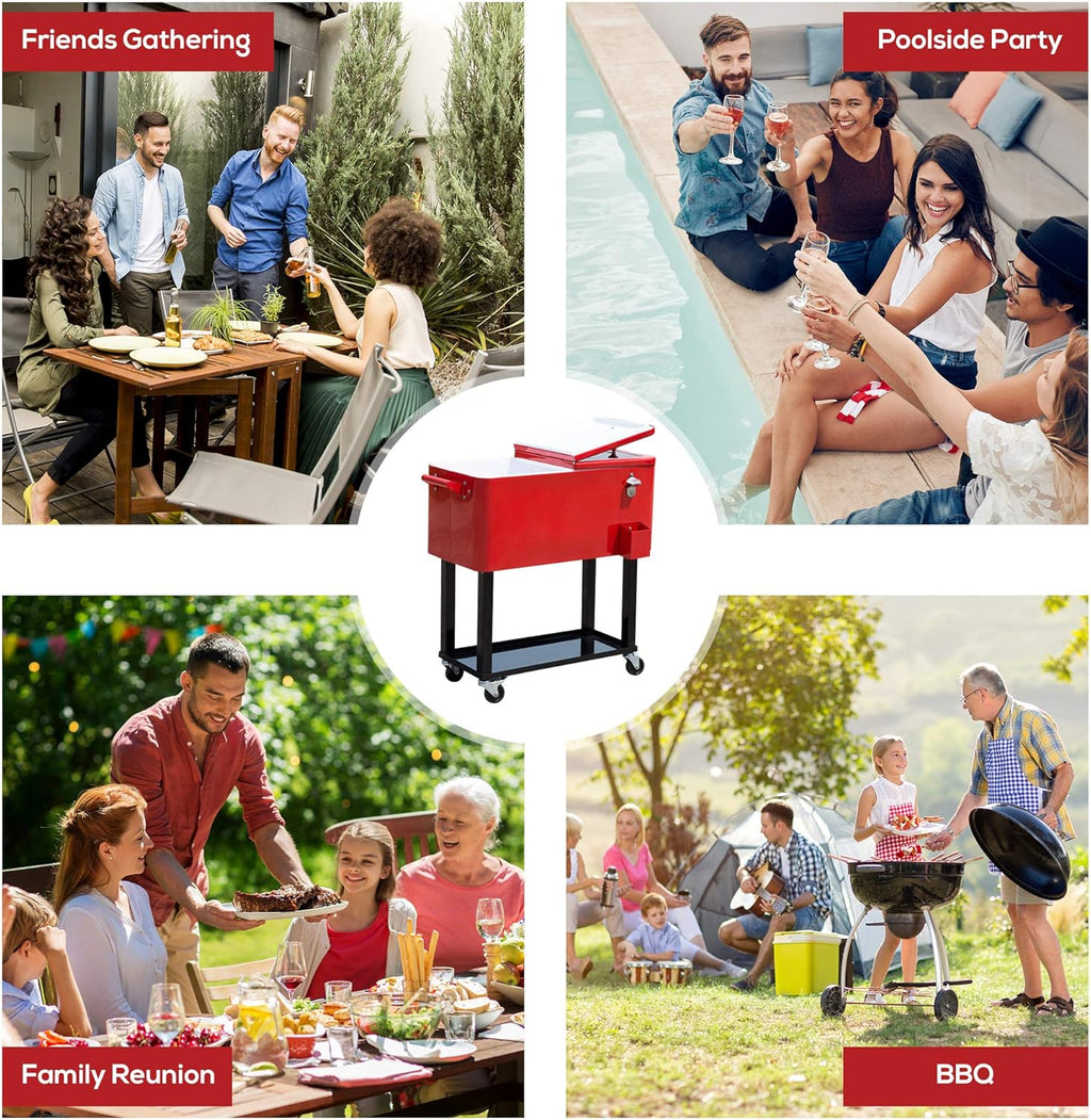 Outsunny 80 QT Rolling Cooling Bins Ice Chest on Wheels Outdoor Stand Up Drink Cooler Cart for Party, Red