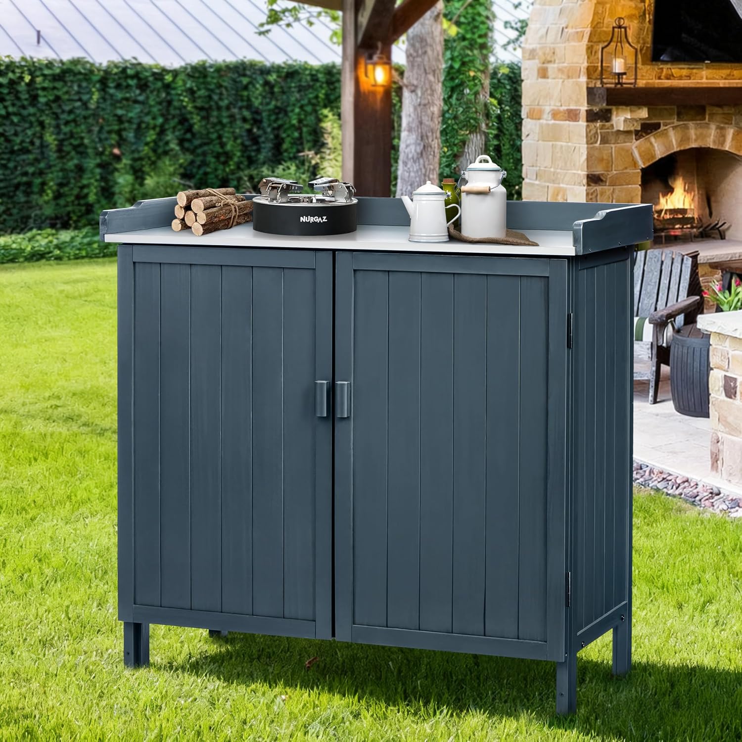 HABAU Outdoor Storage Cabinet with Potting Bench & Metal Tabletop, Wooden Planting Workstation for Garden Patio, Weatherproof