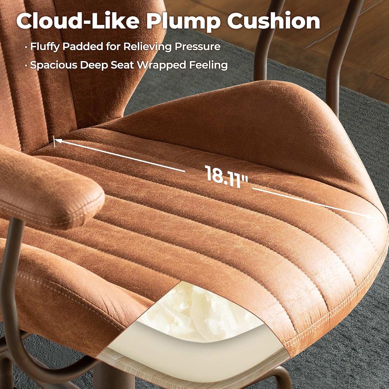 ovios Ergonomic Office Chair, Mid Back Faux Leather Executive Chairs with Armrests, Comfy Mid-Century Modern Swivel Rolling Computer Armchair (Brown, Suede Leather)
