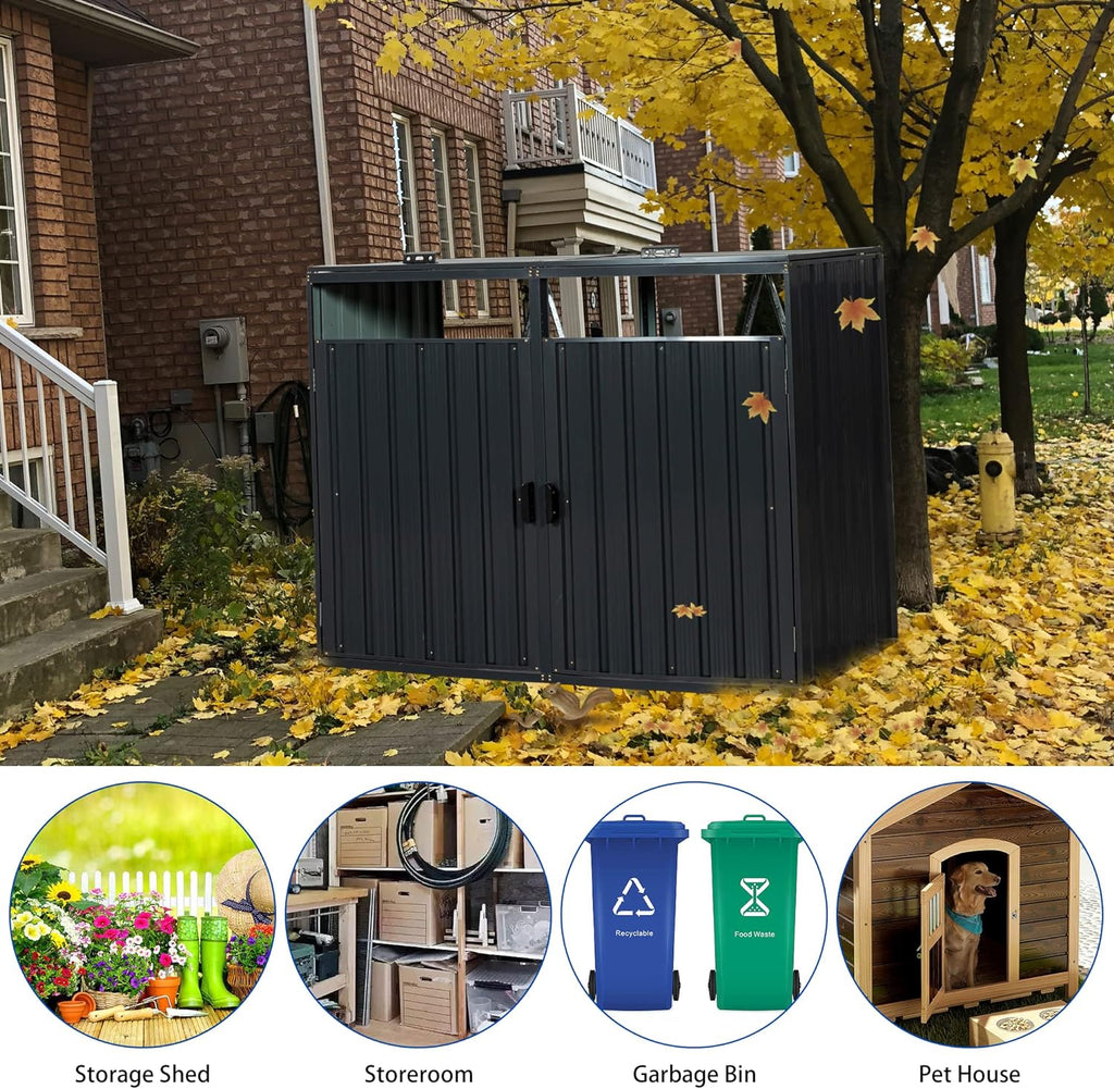 【LuckyNote】 Garbage Bin Shed Stores 2 Trash Cans Metal Outdoor Bin Shed for Garbage Storage,Stainless Galvanized Steel, Bin for Garden Yard Lawn