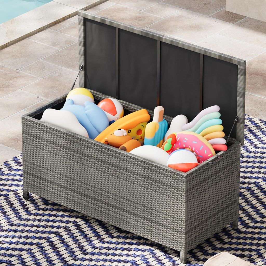 125 Gallon Large Deck Box Waterproof PE Rattan Outdoor Storage Box with Handles and Wheels, Storage Bin for Garden, Balcony, Porch, Pool, Yard