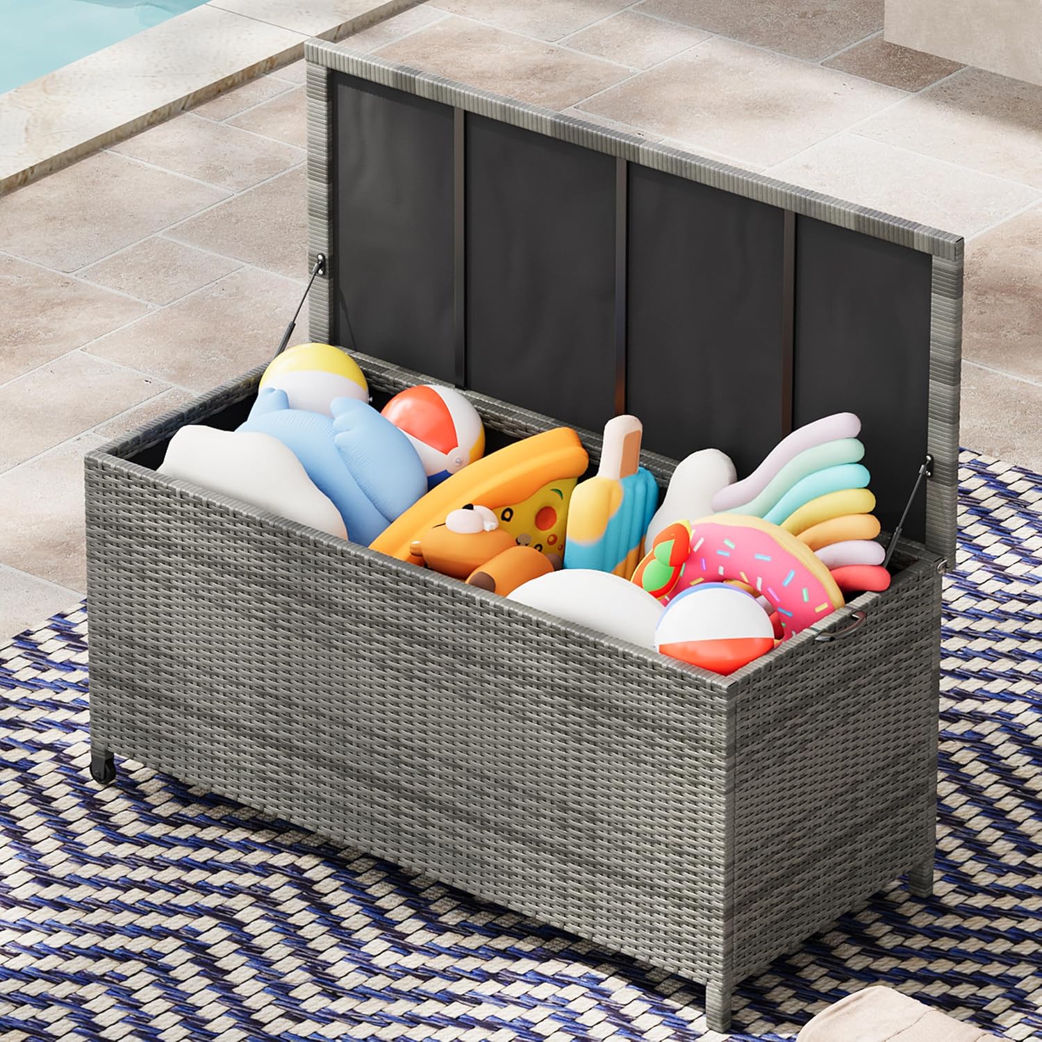 125 Gallon Large Deck Box Waterproof PE Rattan Outdoor Storage Box with Handles and Wheels, Storage Bin for Garden, Balcony, Porch, Pool, Yard
