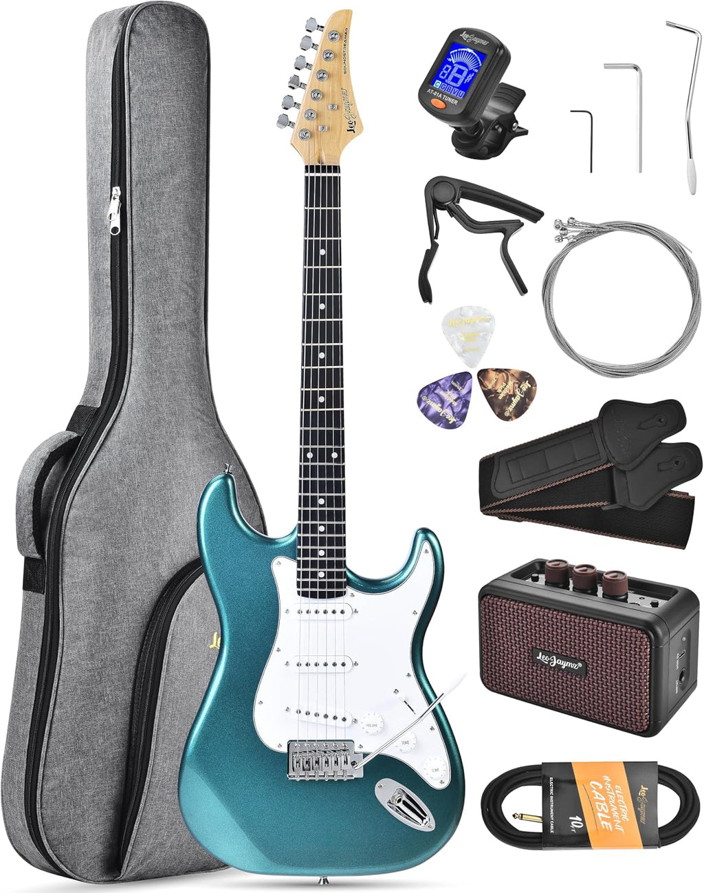 Leo Jaymz Beginner Electric Guitar Complete Kit with Portable Amp, Padded Gig Bag & Full Accessories, Maple Neck SSS Pickups(Teal)