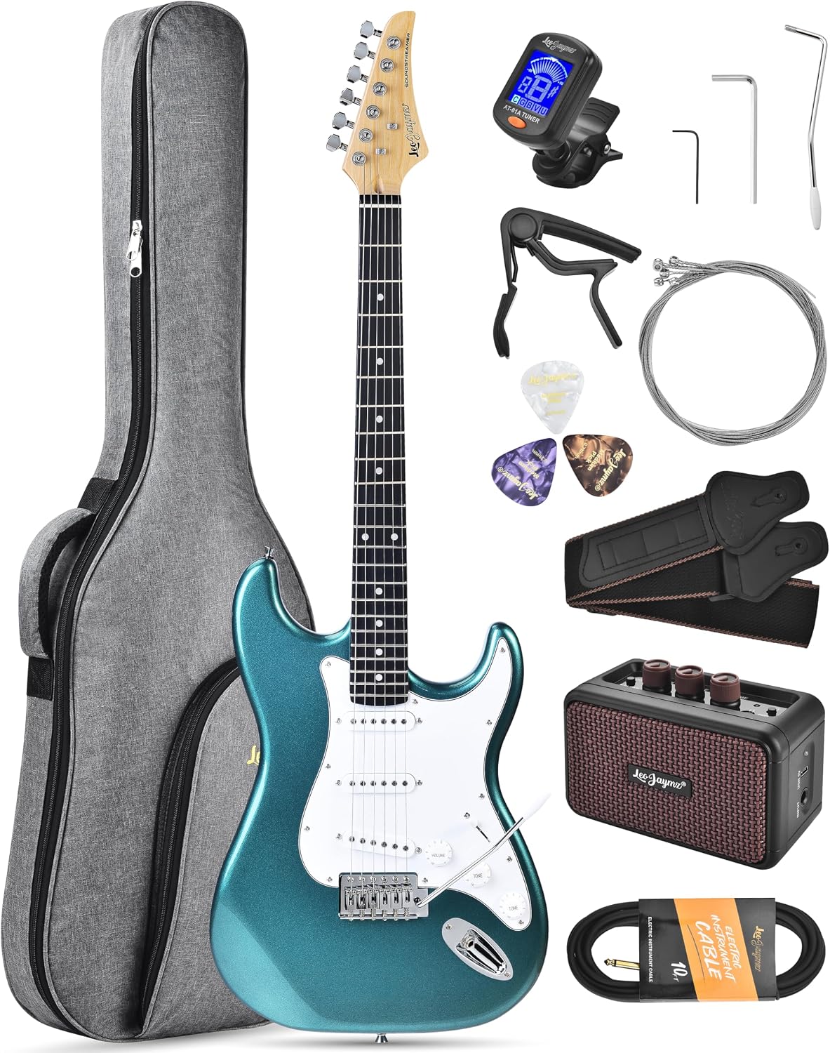 Leo Jaymz Beginner Electric Guitar Complete Kit with Portable Amp, Padded Gig Bag & Full Accessories, Maple Neck SSS Pickups(Teal)
