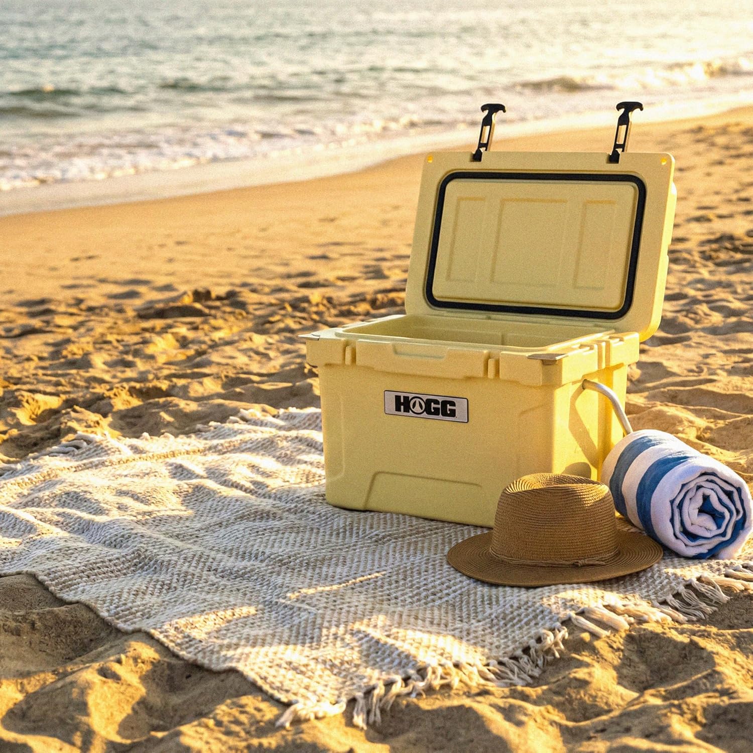 Ice Cooler with Wheels and Handle, Wheeled Cooler, Insulated Ice Chest with Wheels and Handle for Fishing and Camping with Dry Storage, Bottle Openers, and Cupholders