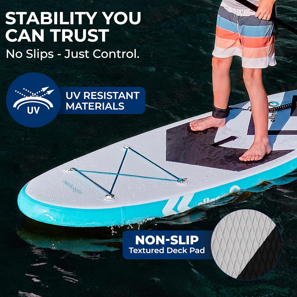SereneLife 7'9' Kids Inflatable Stand Up Paddle Board - SUP for Youth with Single-Action Pump, Adjustable Paddle & Backpack - 30' Wide Stable Design with Non-Slip EVA Deck Pad, Ages 5+, 200lb Capacity