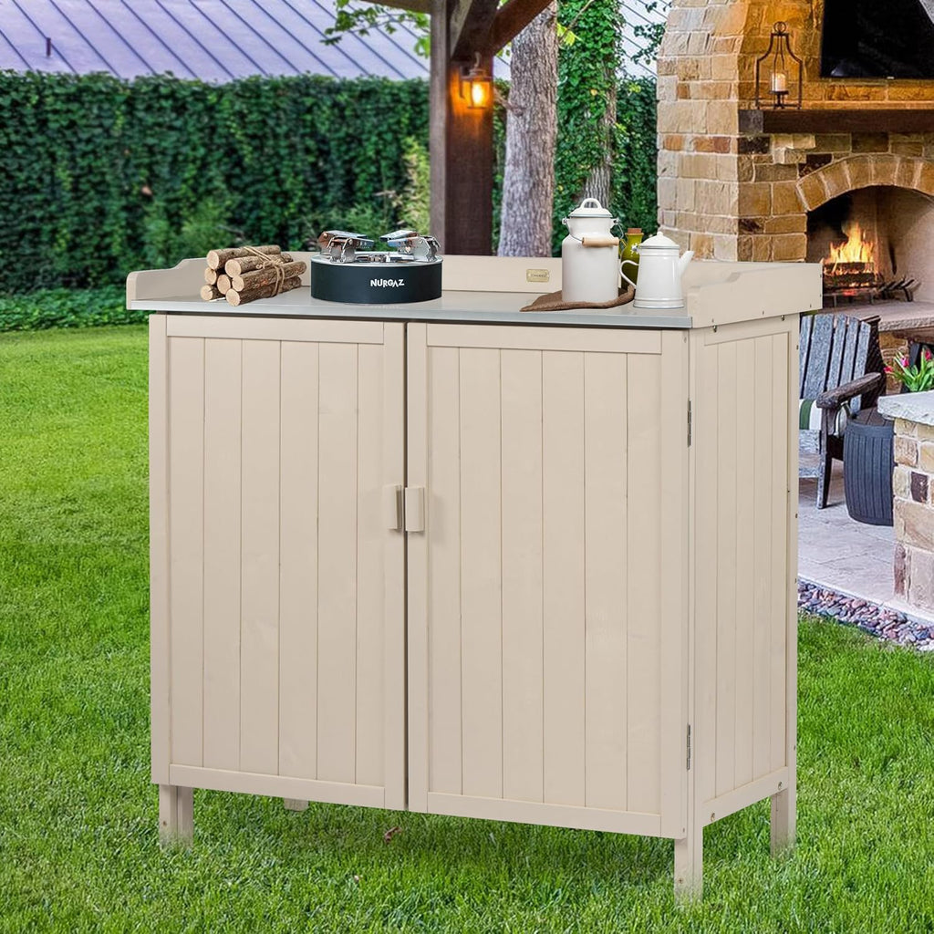 HABAU Outdoor Storage Cabinet with Potting Bench & Metal Tabletop, Wooden Planting Workstation for Garden Patio, Weatherproof