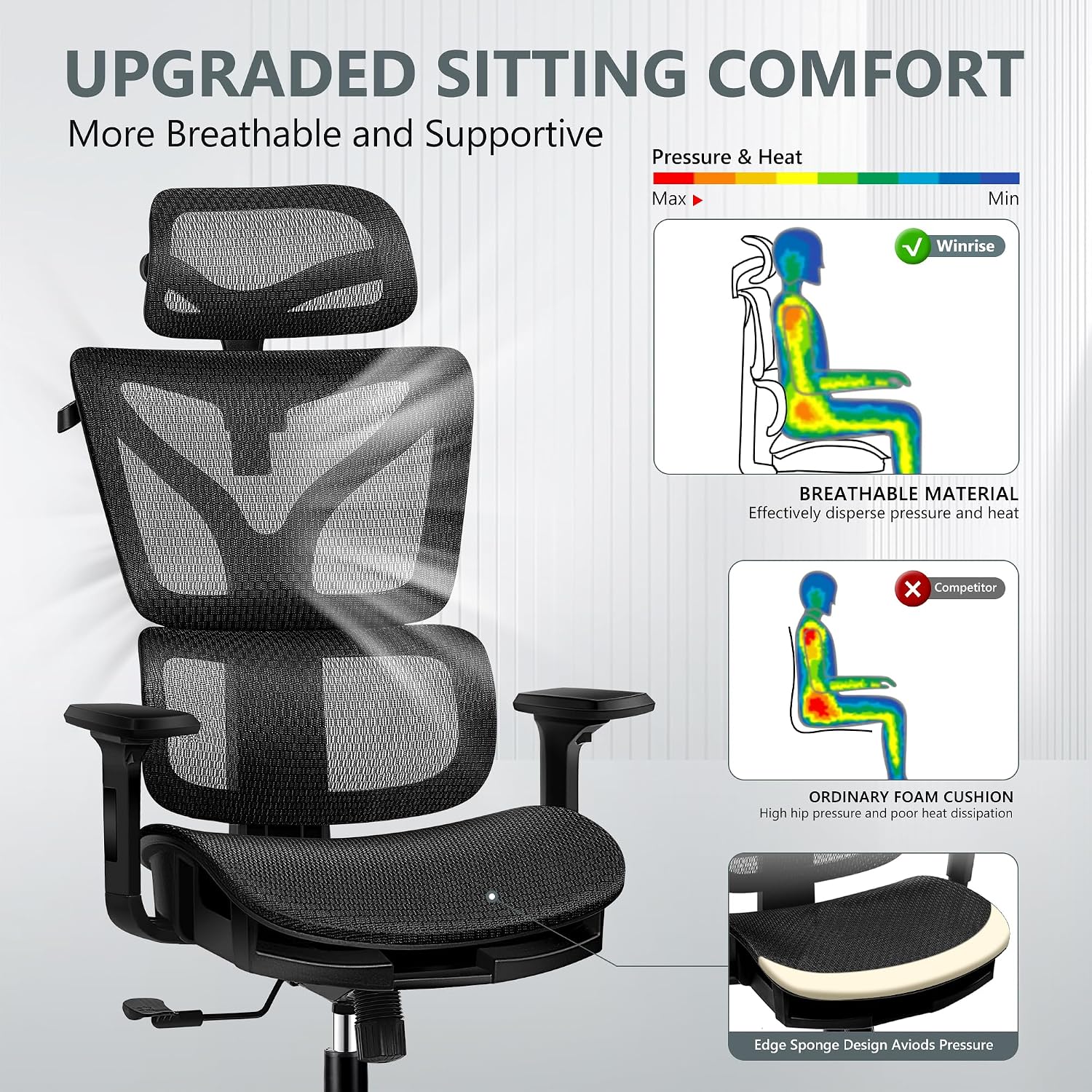 Winrise Office Chair Ergonomic Desk Chair, High Back Gaming Chair, Big and Tall Reclining Breathable Mesh Chair Comfy Home Office Desk Chair with Lumbar Support