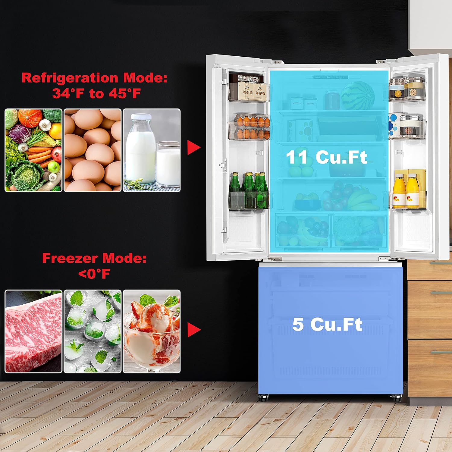 Galanz 3-Door French Door Refrigerator with Bottom Freezer & Adjustable Thermostat, 16 Cu Ft, White