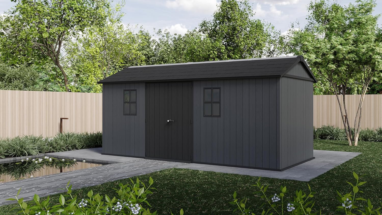 Keter Newton Plus 7.5x17 Ft All-Weather Storage Shed with Skylight, Window, Built-in Ventilation, Customizable Walls, & Lockable Double Doors, Graphite