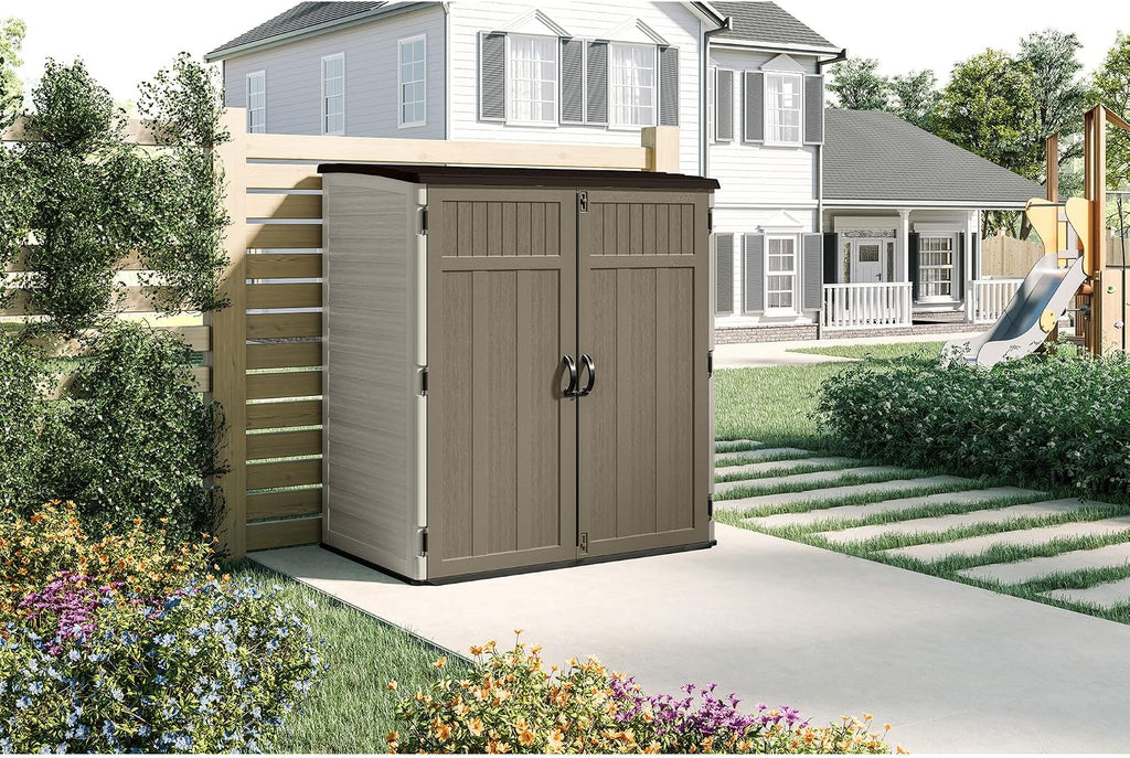 Suncast Extra-Large Vertical Storage Shed for Yard Storage, All-Weather Outdoor Storage Shed with 2 Lockable Doors, 70.5' W x 44.25' D x 77.5' H, Sand