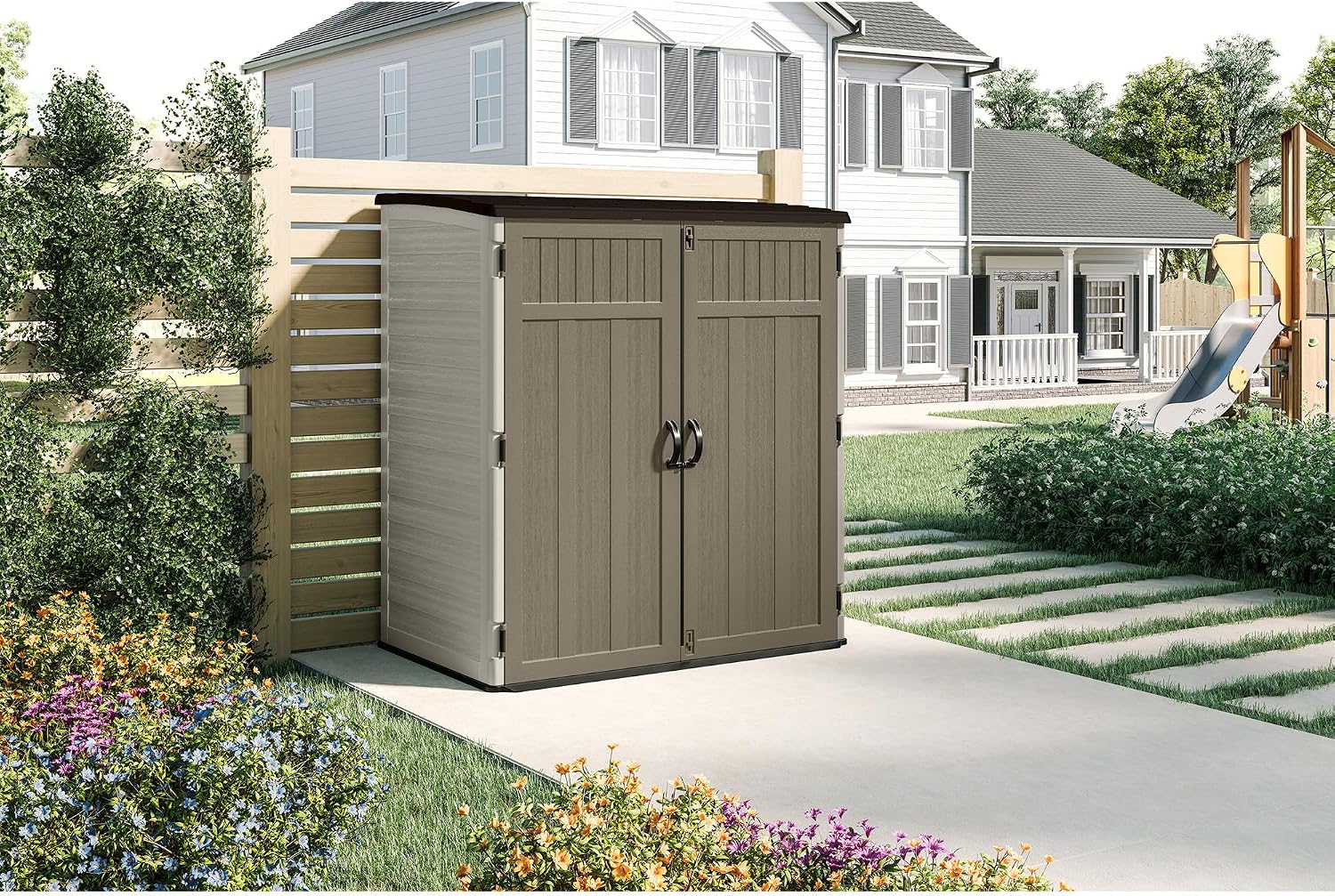 Suncast Extra-Large Vertical Storage Shed for Yard Storage, All-Weather Outdoor Storage Shed with 2 Lockable Doors, 70.5' W x 44.25' D x 77.5' H, Sand