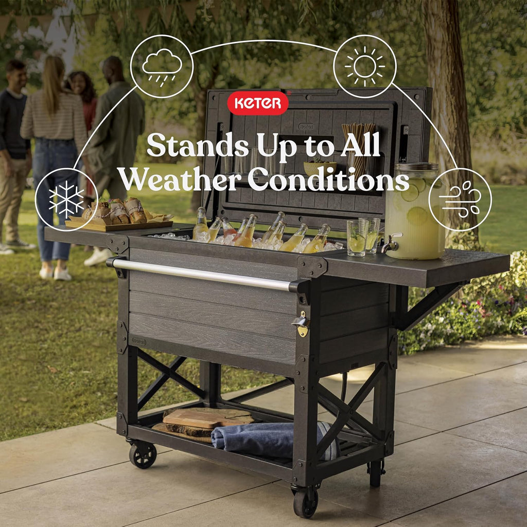 Keter 89.8 Qt Portable Outdoor Patio Cooling Chest, Ice Chest Beverage Party Bar Cart Table with Swivel Wheels, Shelves, and Bottle Opener, Graphite