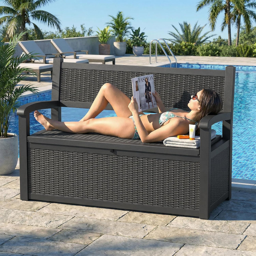 DRATO 75 Gallon Storage Bench Deck Box Outdoor Indoor,Lockable Durable All-Weather Seating with Hidden Storage,Deck Storage for Garden, Pool, Patio,Black
