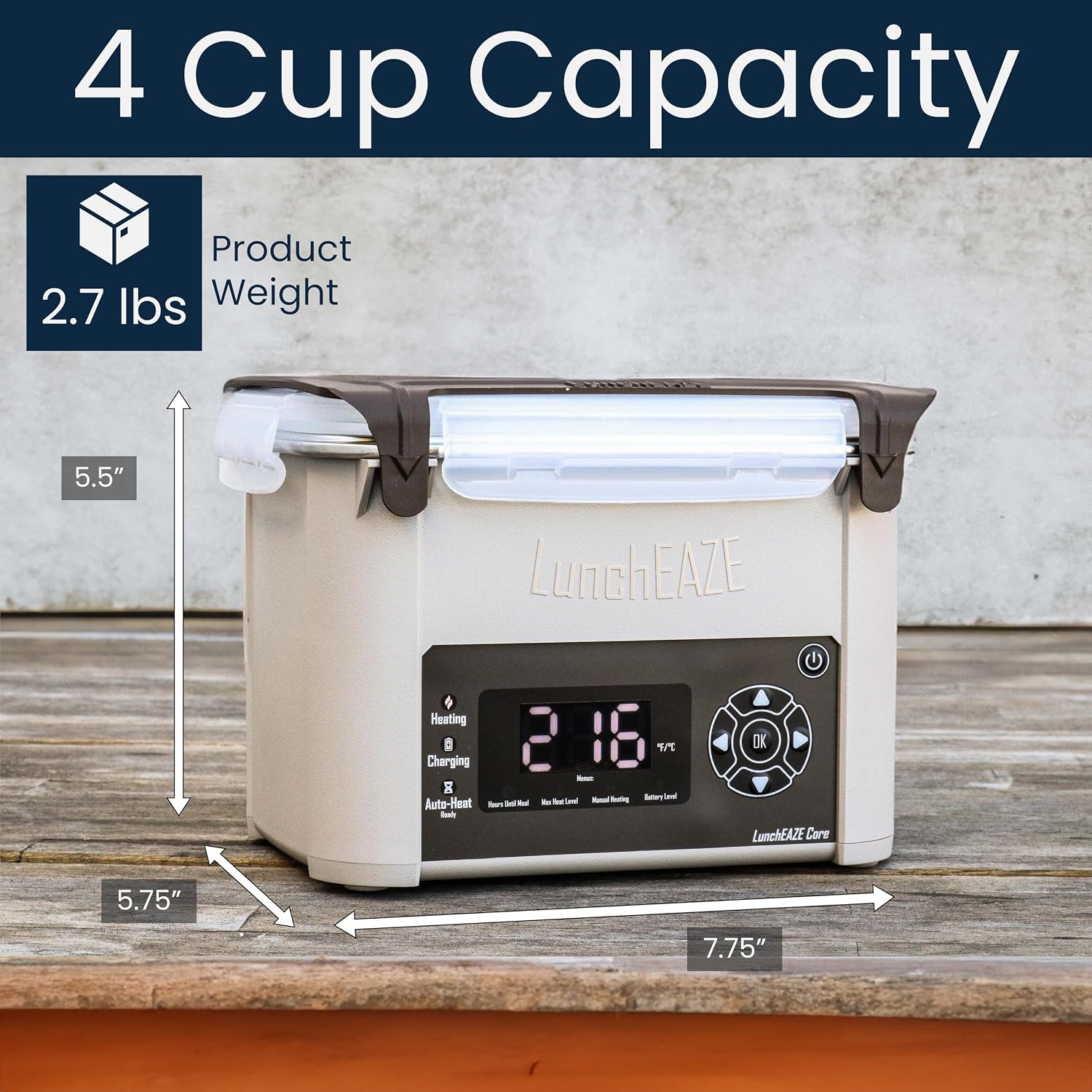 LunchEAZE Core Gen 2 Cordless Heated & Electric Lunch Box – Battery-Powered, 4-Cup Capacity, 220°F, Automatic Scheduled Heating for Hot Meals Anywhere