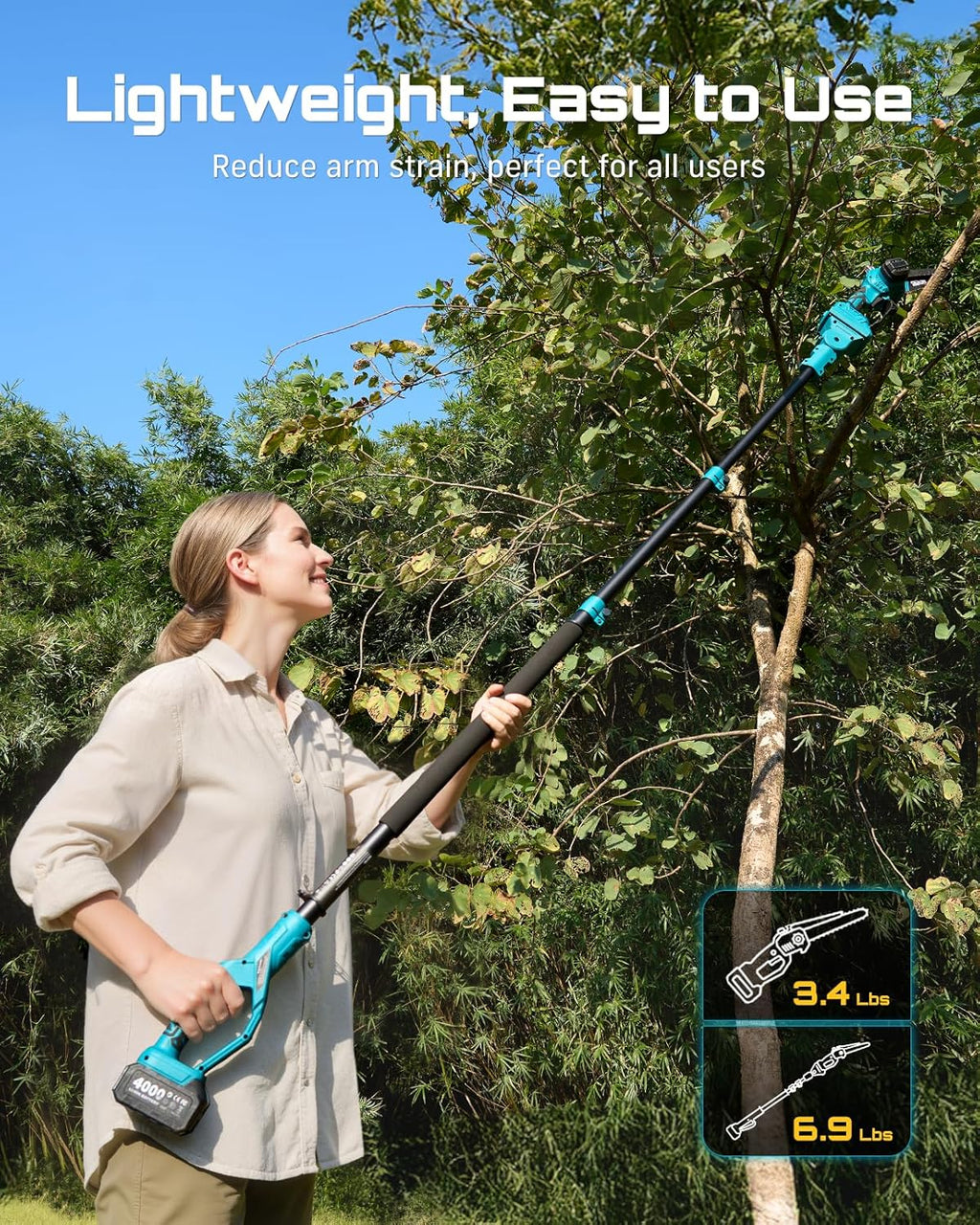 SEESII 2-in-1 Electric Pole Saws: Brushless Mini Chainsaw Cordless 6 Inch, 2 x 4000mAh Batteries, Pole Saw for Tree Trimming,Hand held Chain Saw with Extension Pole for Tree Limb Branch Cutter,P6 Ace