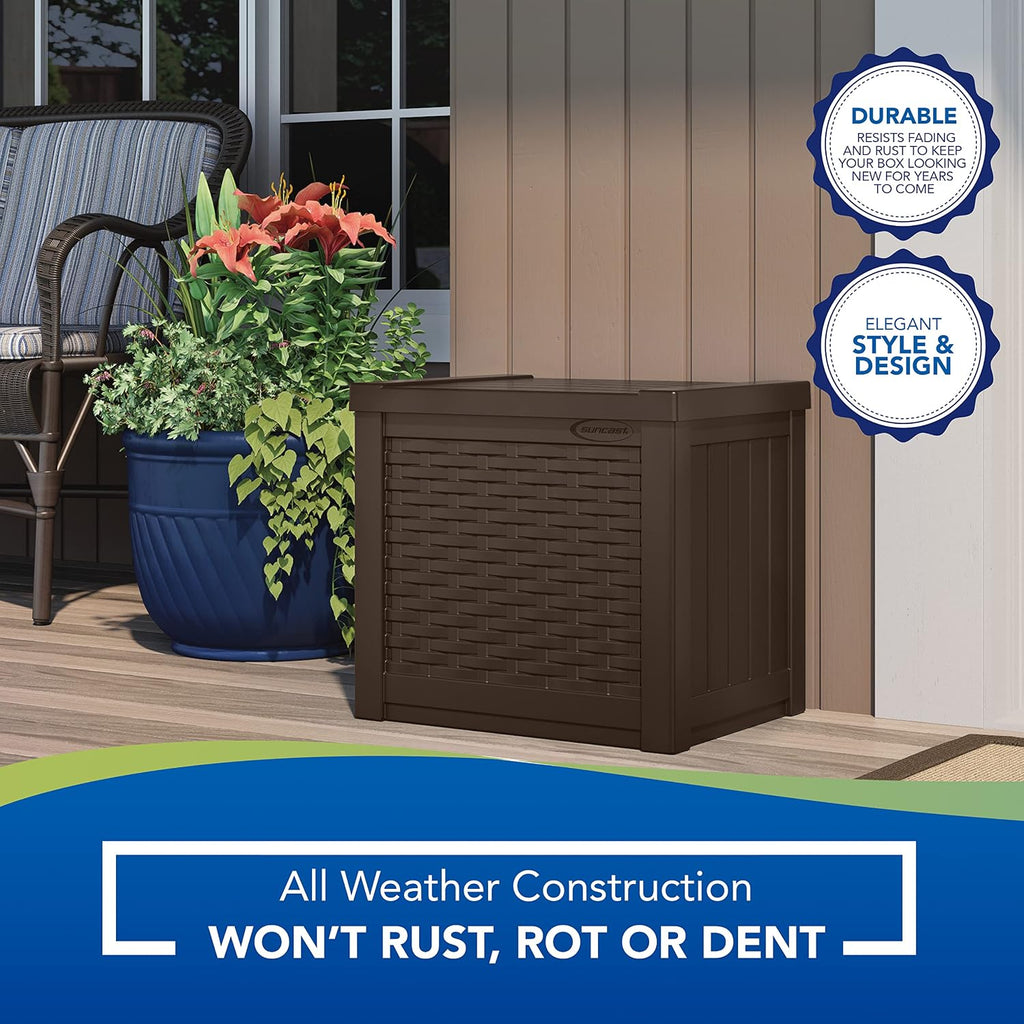 Suncast 73-Gallon Medium Deck Box 22 Gallon Small Resin Storage Seat | Outdoor Storage Containers for Patio and Yard