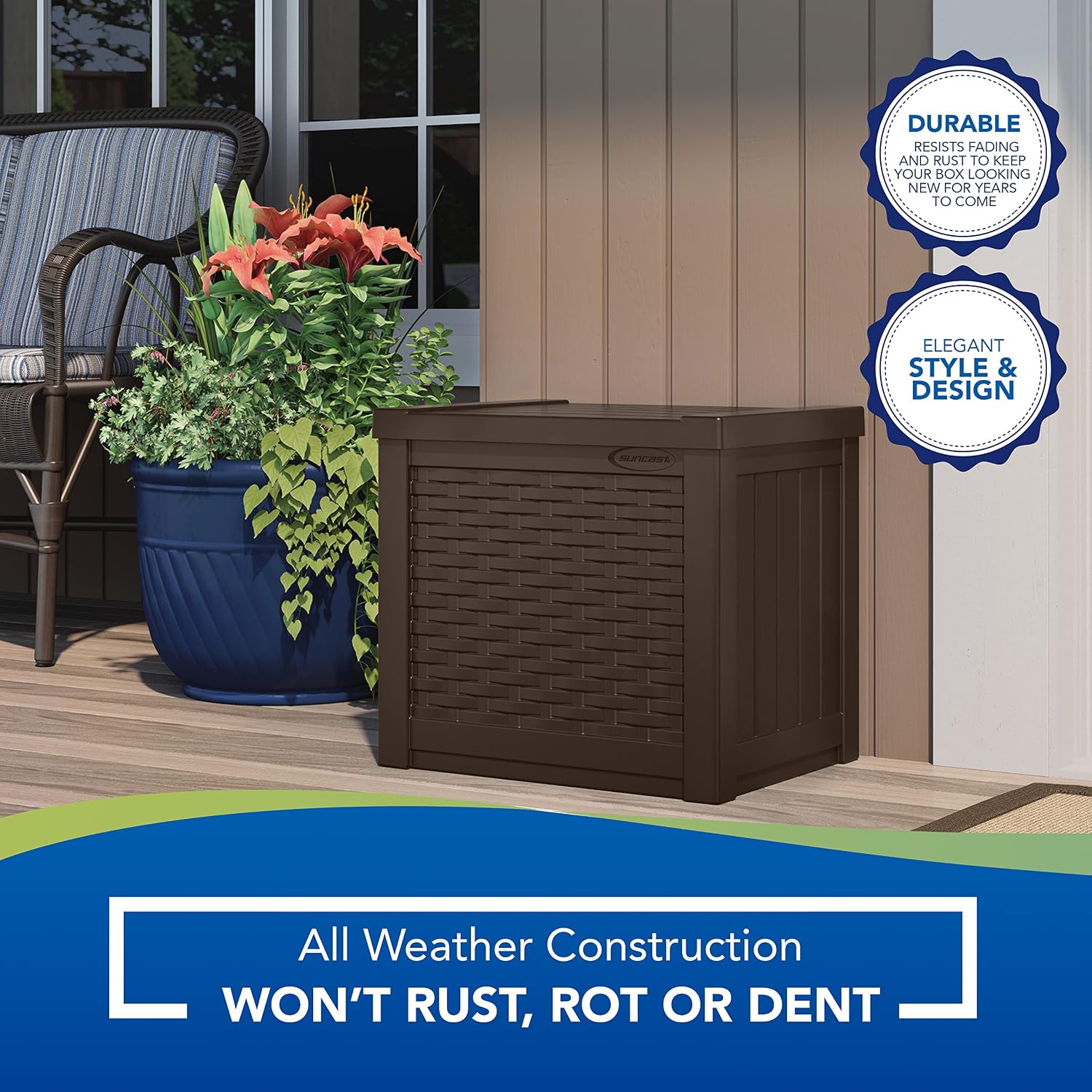 Suncast 73-Gallon Medium Deck Box 22 Gallon Small Resin Storage Seat | Outdoor Storage Containers for Patio and Yard