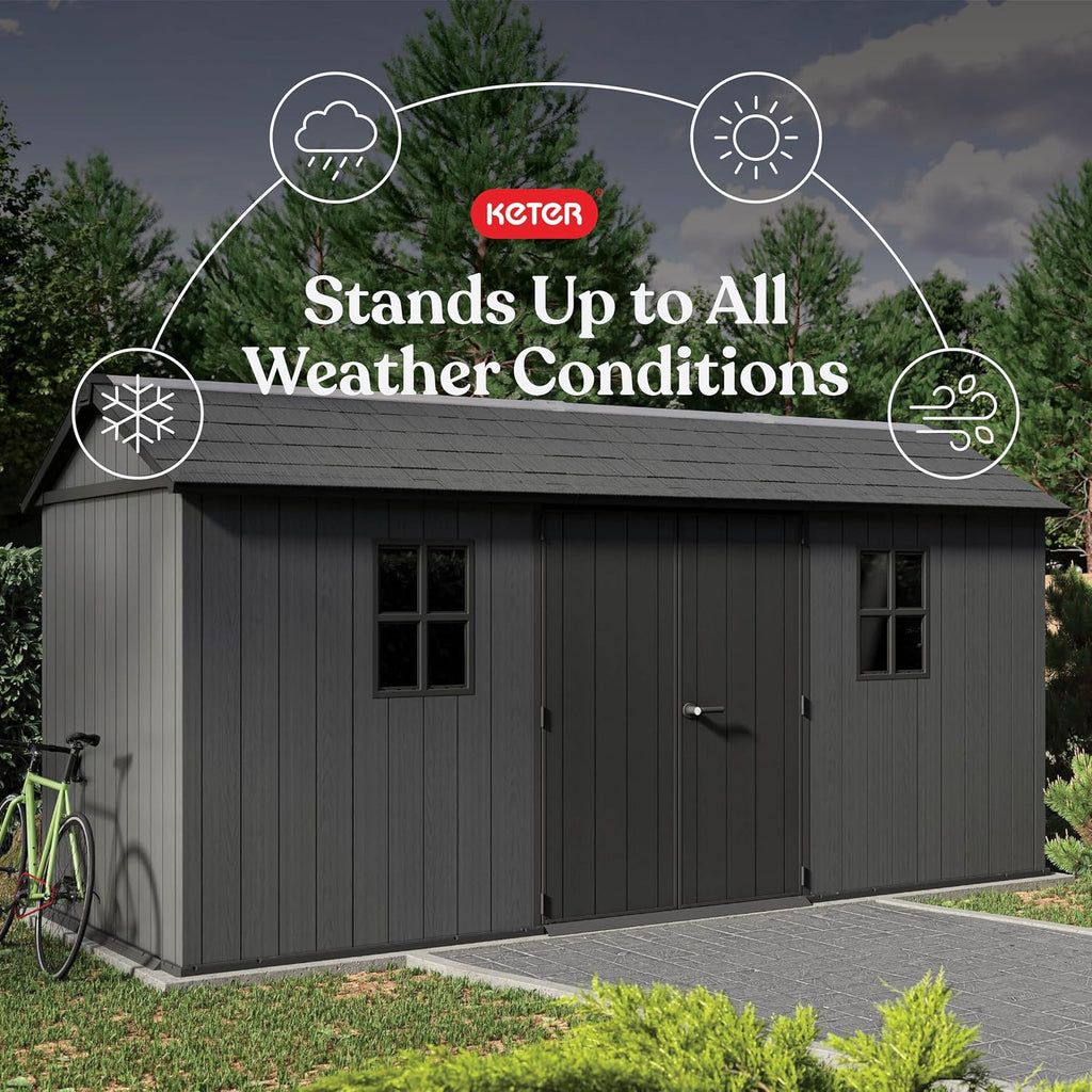 Keter Newton Plus 7.5x15 Ft All-Weather Storage Shed with Skylight, Window, Built-in Ventilation, Customizable Walls, & Lockable Double Doors, Graphite