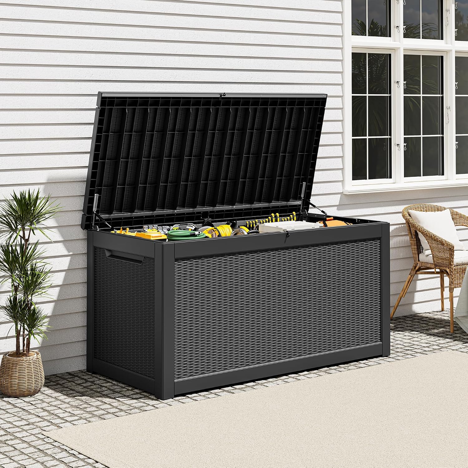 Outdoor Storage Deck Boxes Waterproof, Waterproof and UV Resistant Outdoor Storage Box Lockable Lid for Delivery Box, Indoor, Garden Tools, Pool Supplies, Patio (Black, 300 Gallon)