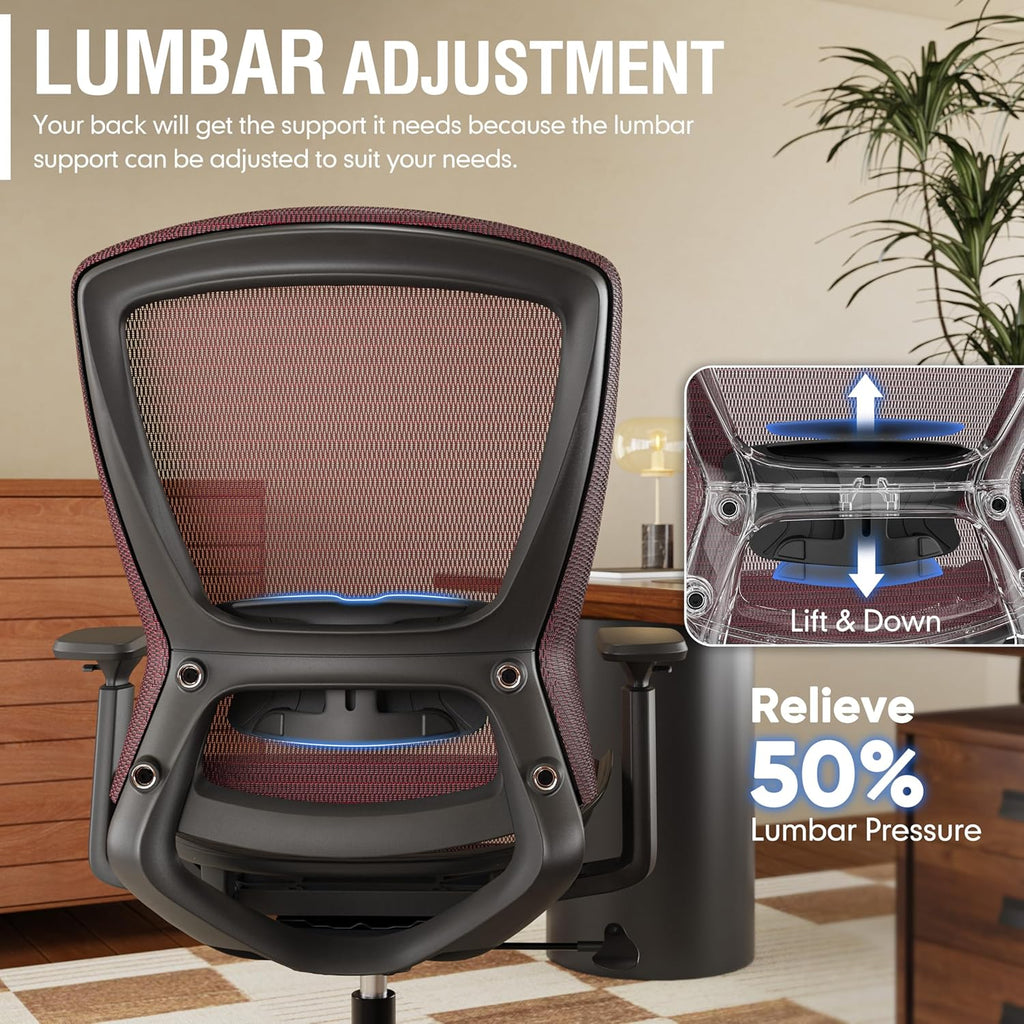 ELABEST Mesh Office Chair,Ergonomic Computer Desk Chair,Sturdy Task Chair- Adjustable Lumbar Support & Armrests,Tilt Function,Comfort Wide Seat,Swivel Home Office Chair (Red)