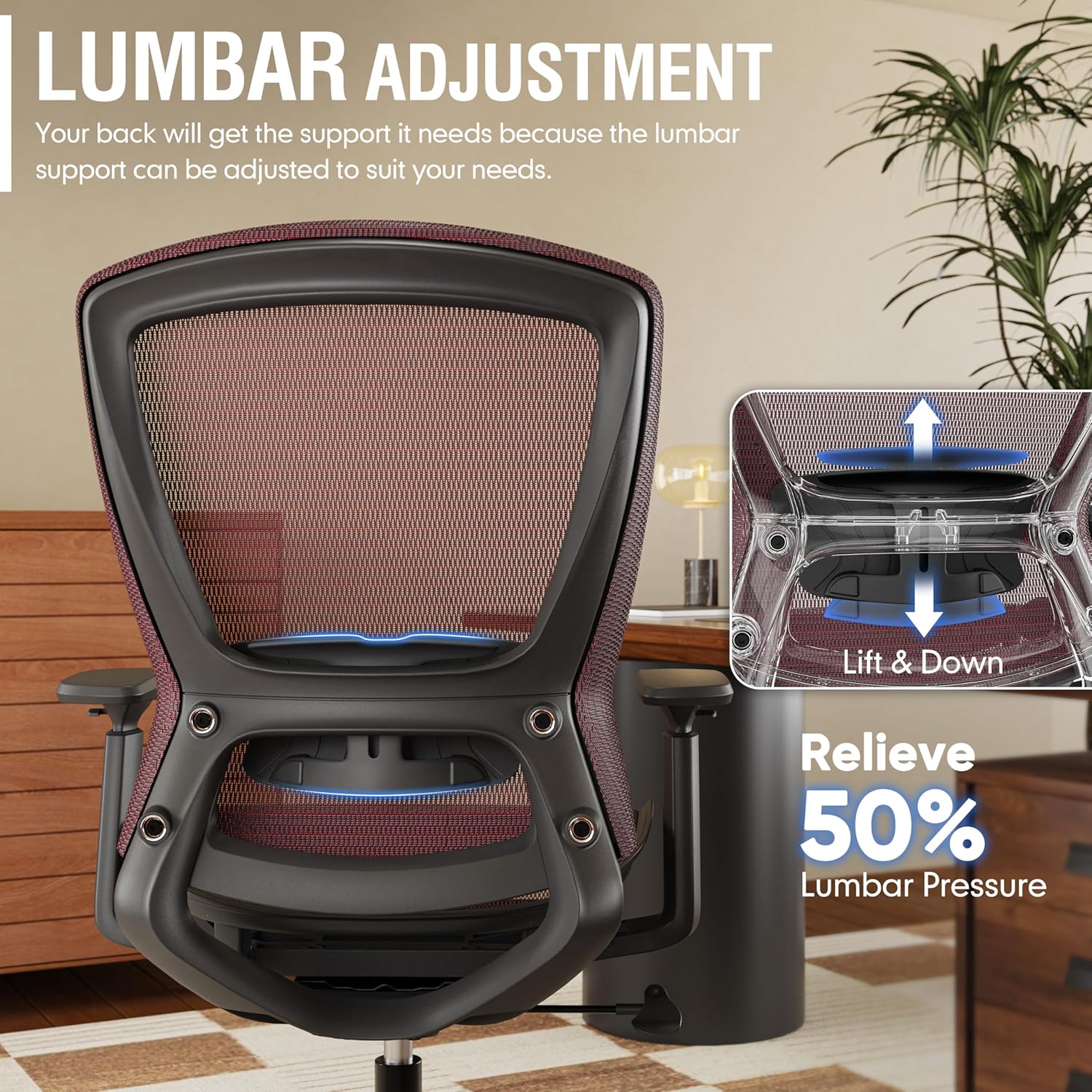 ELABEST Mesh Office Chair,Ergonomic Computer Desk Chair,Sturdy Task Chair- Adjustable Lumbar Support & Armrests,Tilt Function,Comfort Wide Seat,Swivel Home Office Chair (Red)